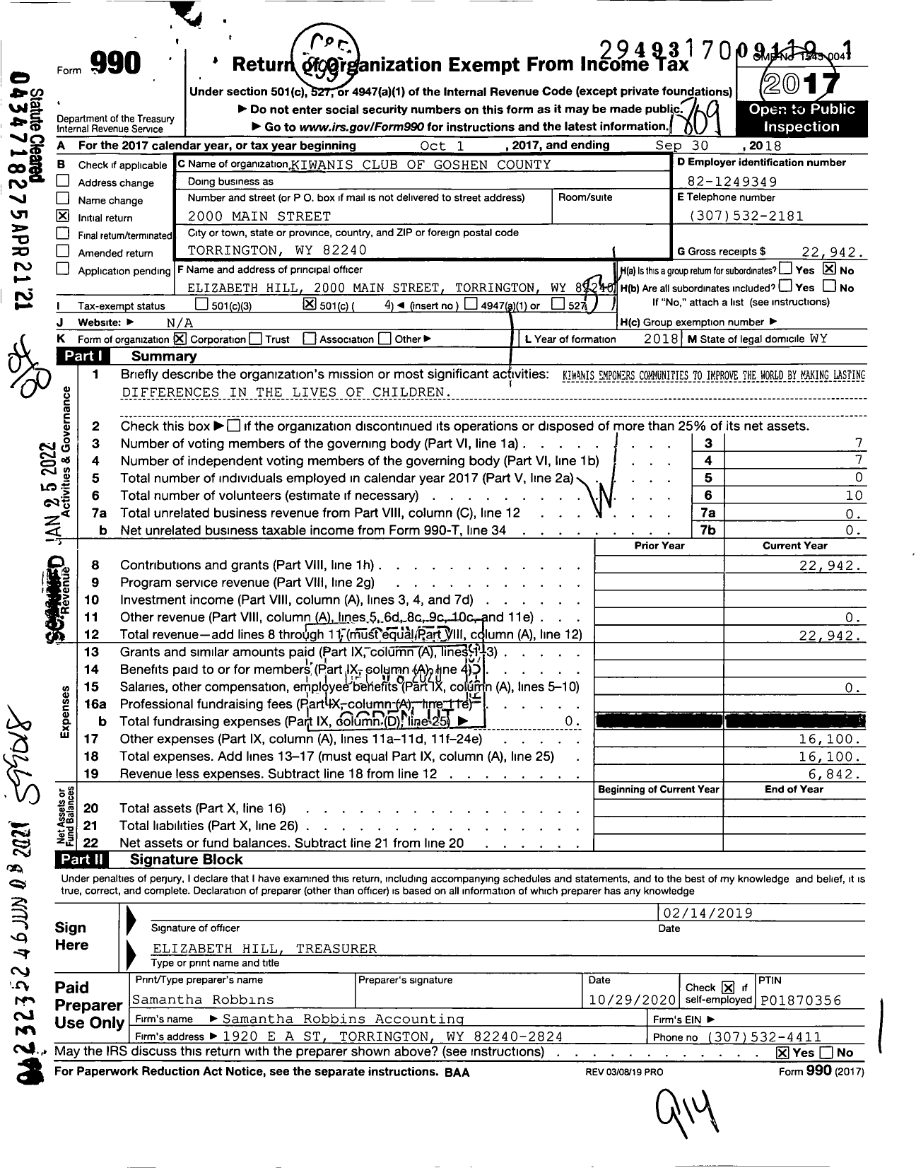 Image of first page of 2017 Form 990O for Kiwanis Club of Goshen County