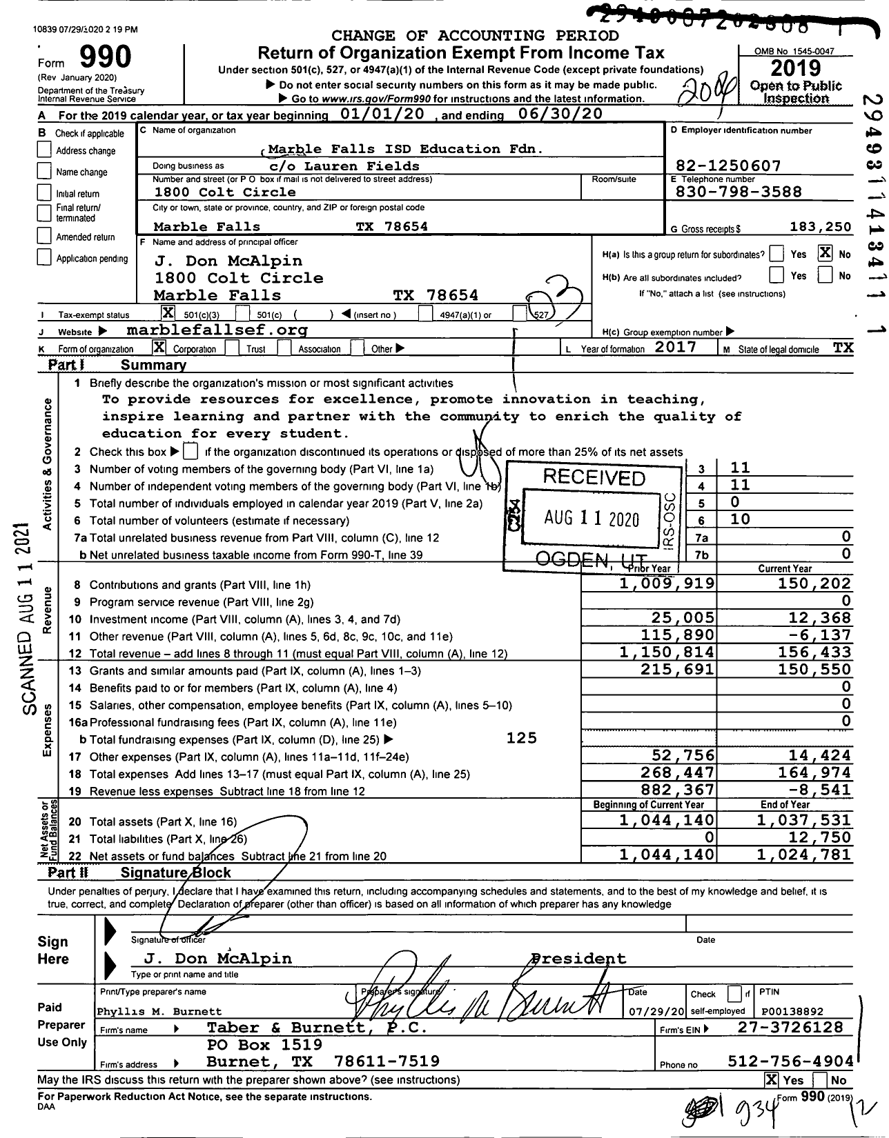 Image of first page of 2019 Form 990 for Marble Falls Isd Education Foundation