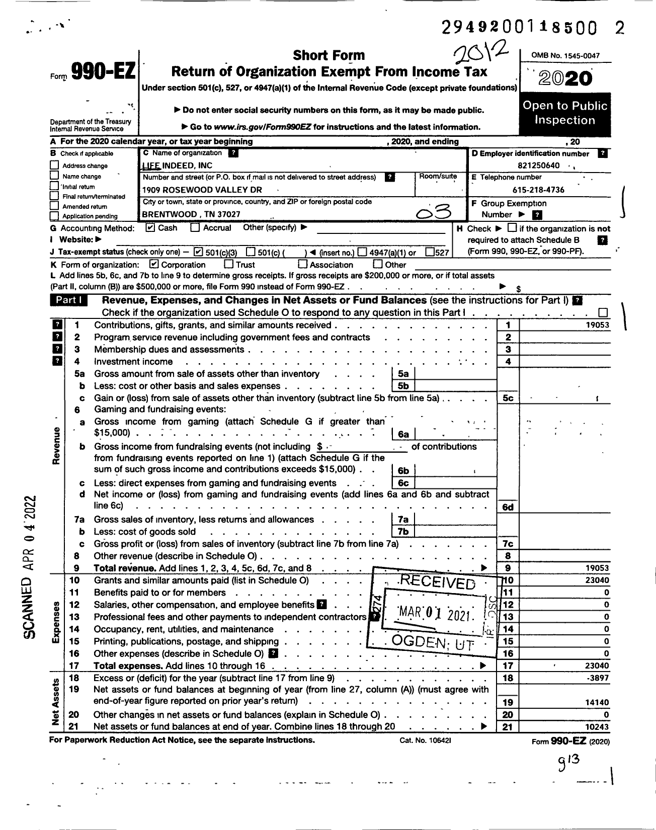 Image of first page of 2020 Form 990EZ for Life Indeed