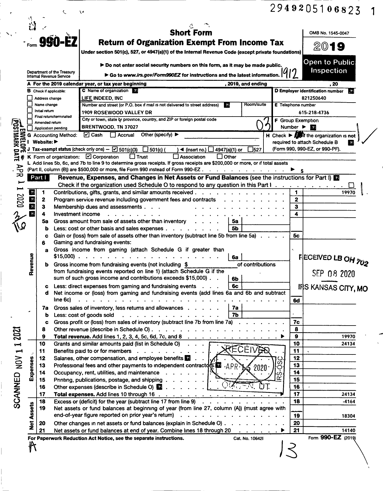 Image of first page of 2019 Form 990EZ for Life Indeed