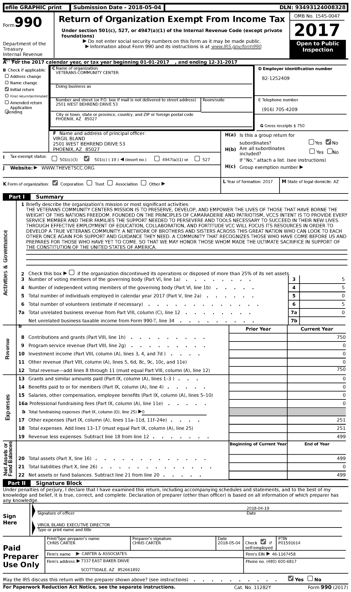 Image of first page of 2017 Form 990 for Veterans Community Center