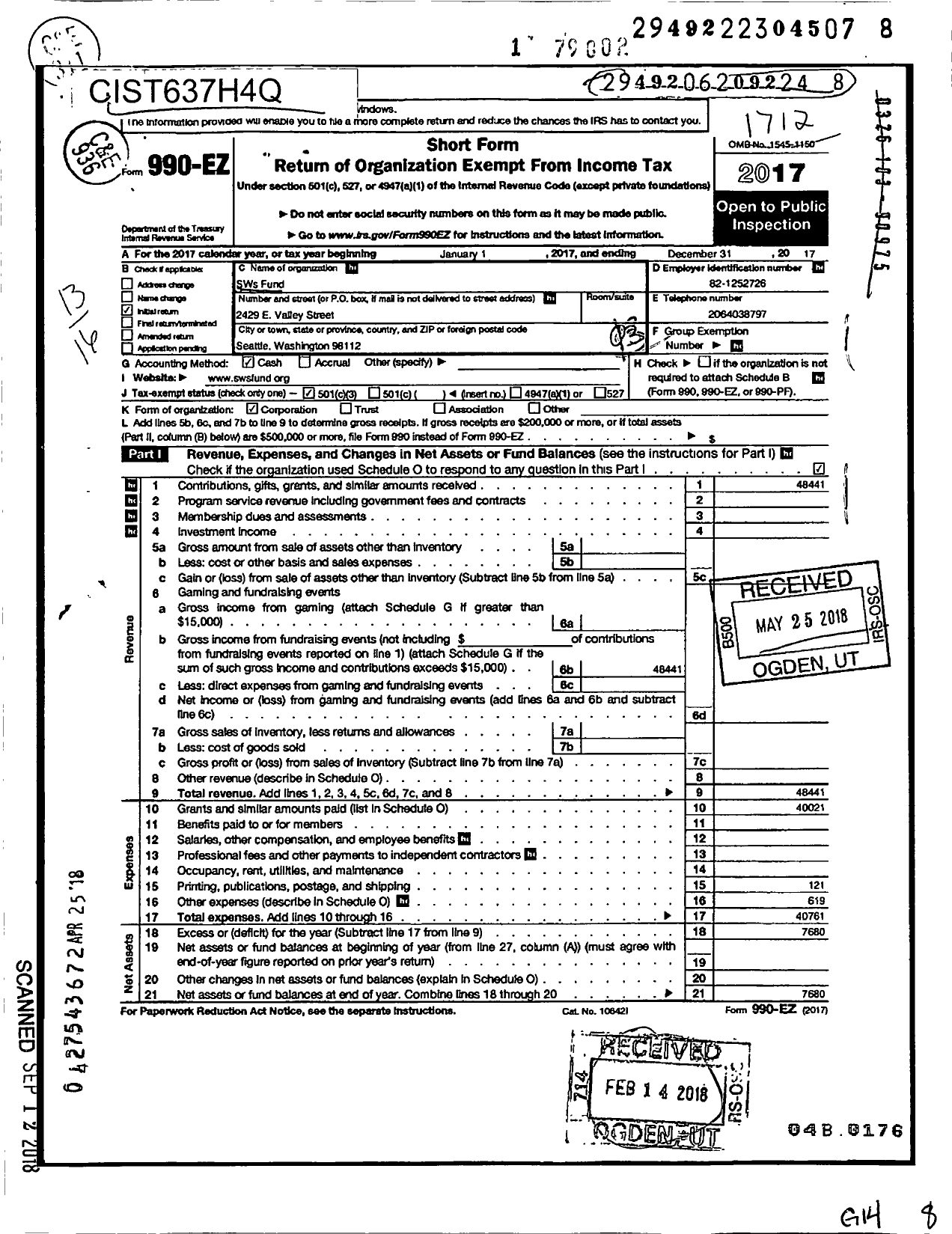 Image of first page of 2017 Form 990EO for SWS Fund