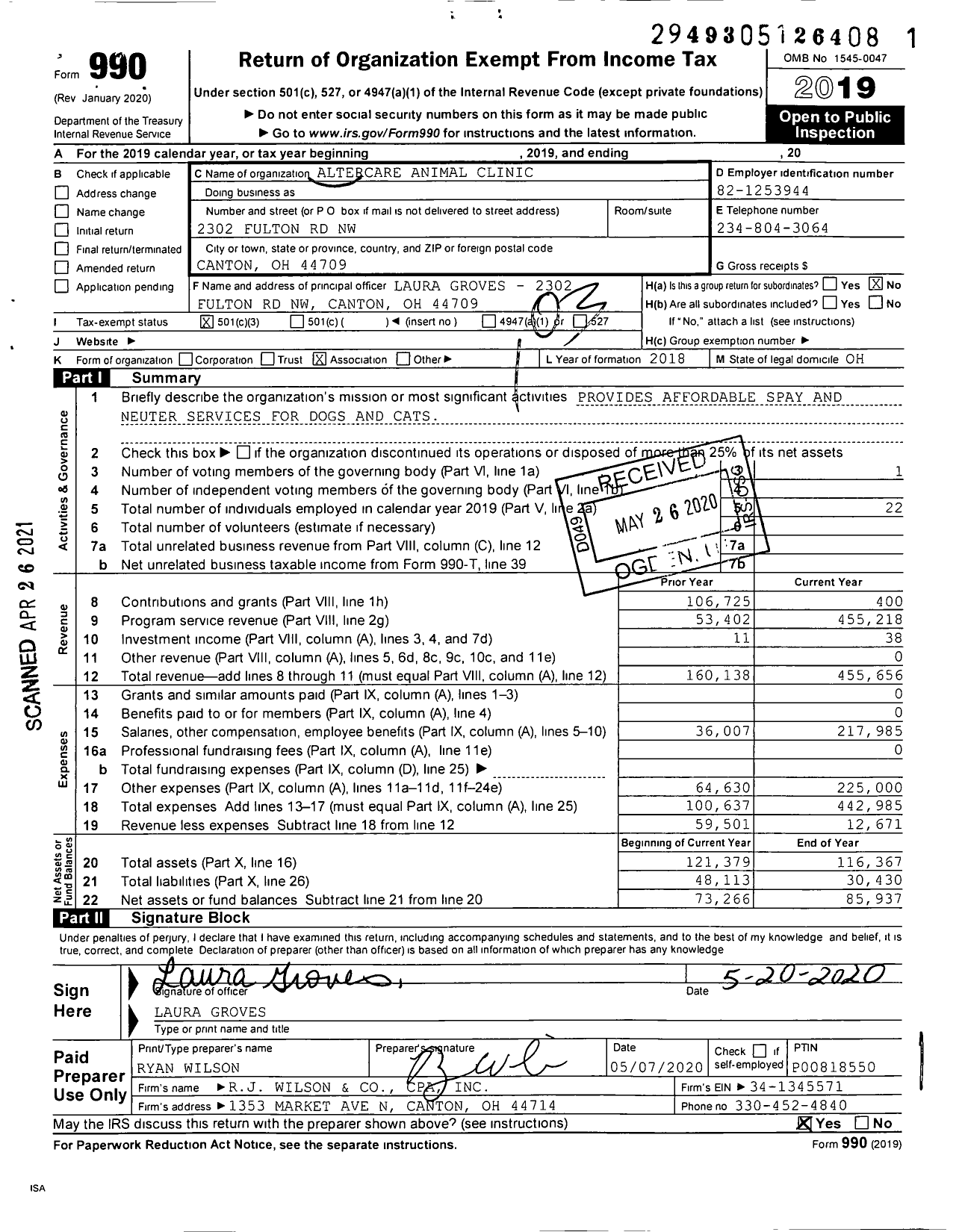 Image of first page of 2019 Form 990 for Alterclinic Animal Care