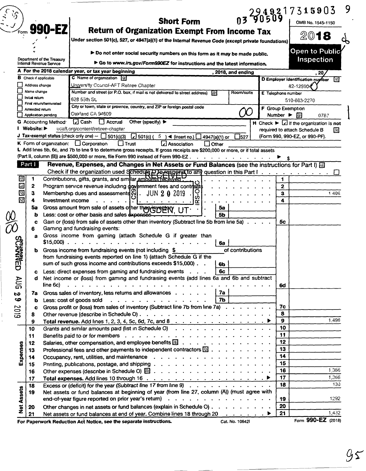 Image of first page of 2018 Form 990EO for American Federation of Teachers - 1474r University Council Aft Retire