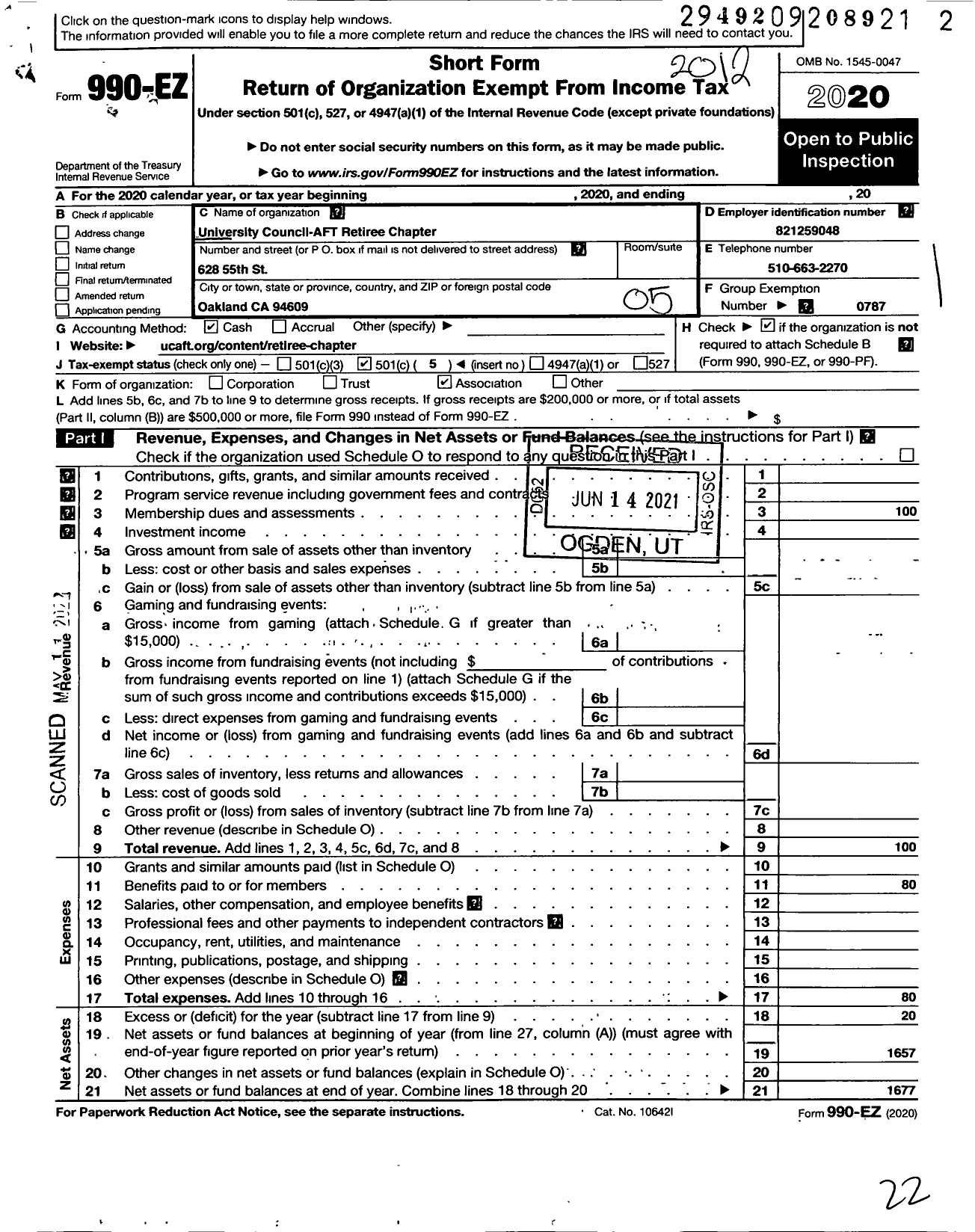 Image of first page of 2020 Form 990EO for American Federation of Teachers - 1474r University Council Aft Retire