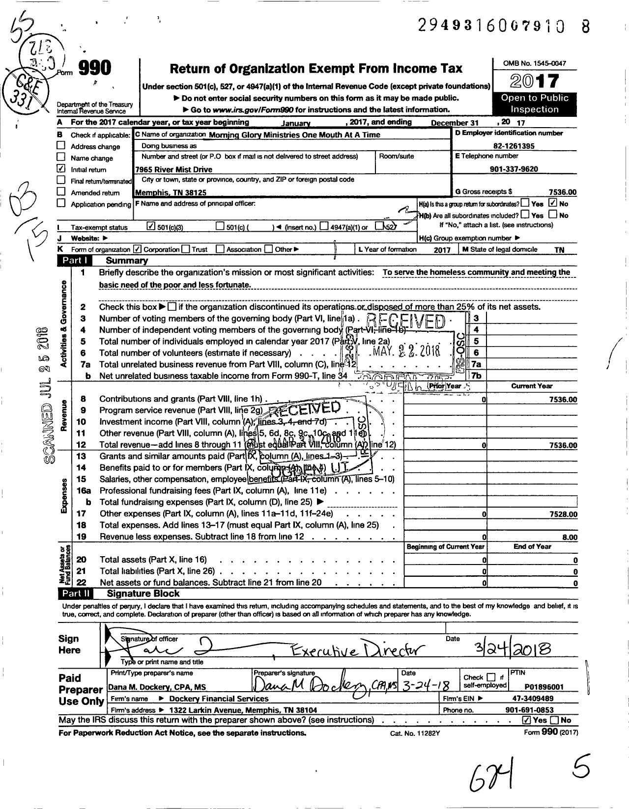 Image of first page of 2017 Form 990 for Morning Glory Ministries One Mouth at A Time