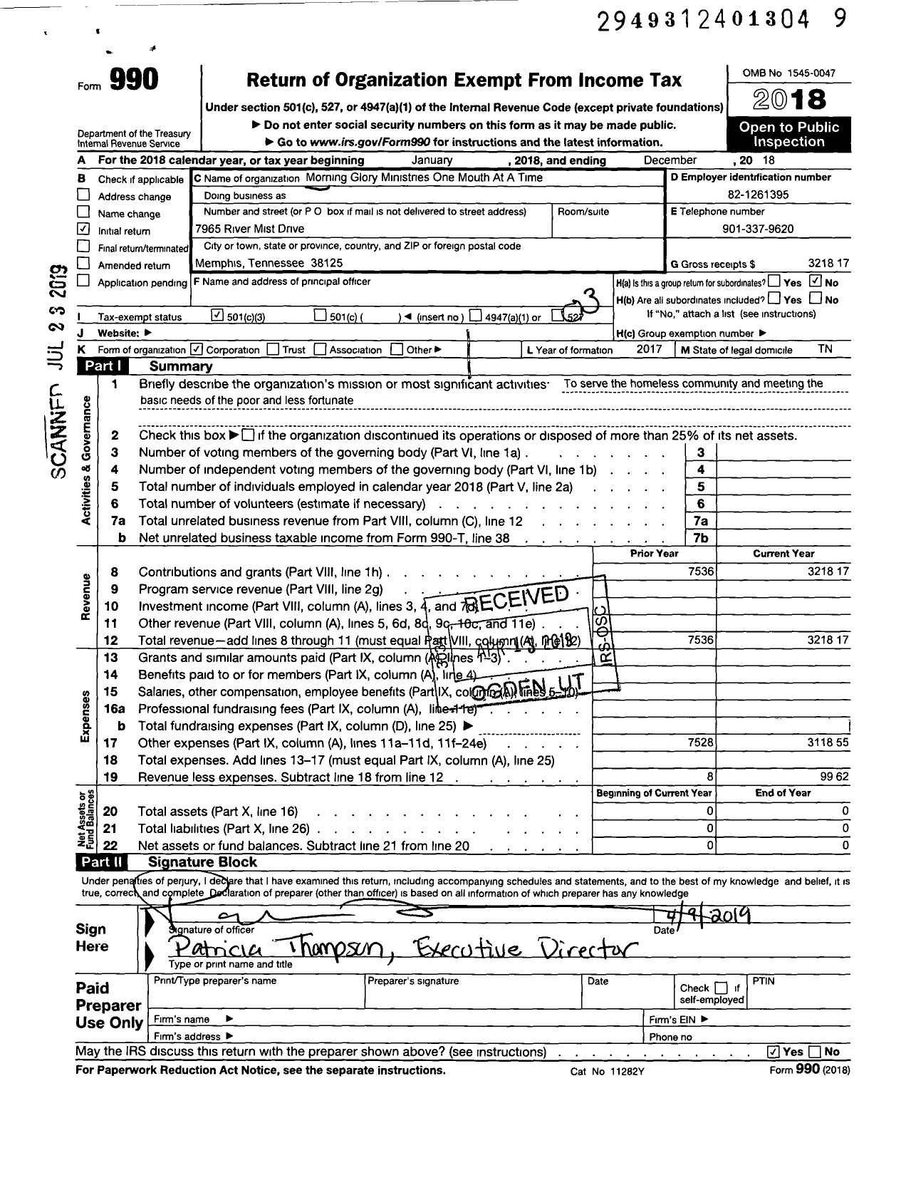 Image of first page of 2018 Form 990 for Morning Glory Ministries One Mouth at A Time