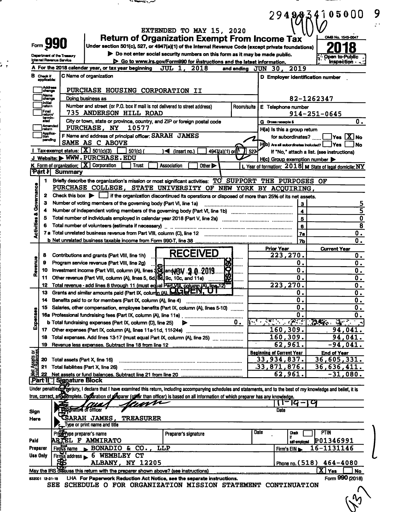 Image of first page of 2018 Form 990 for Purchase Housing Corporation Ii