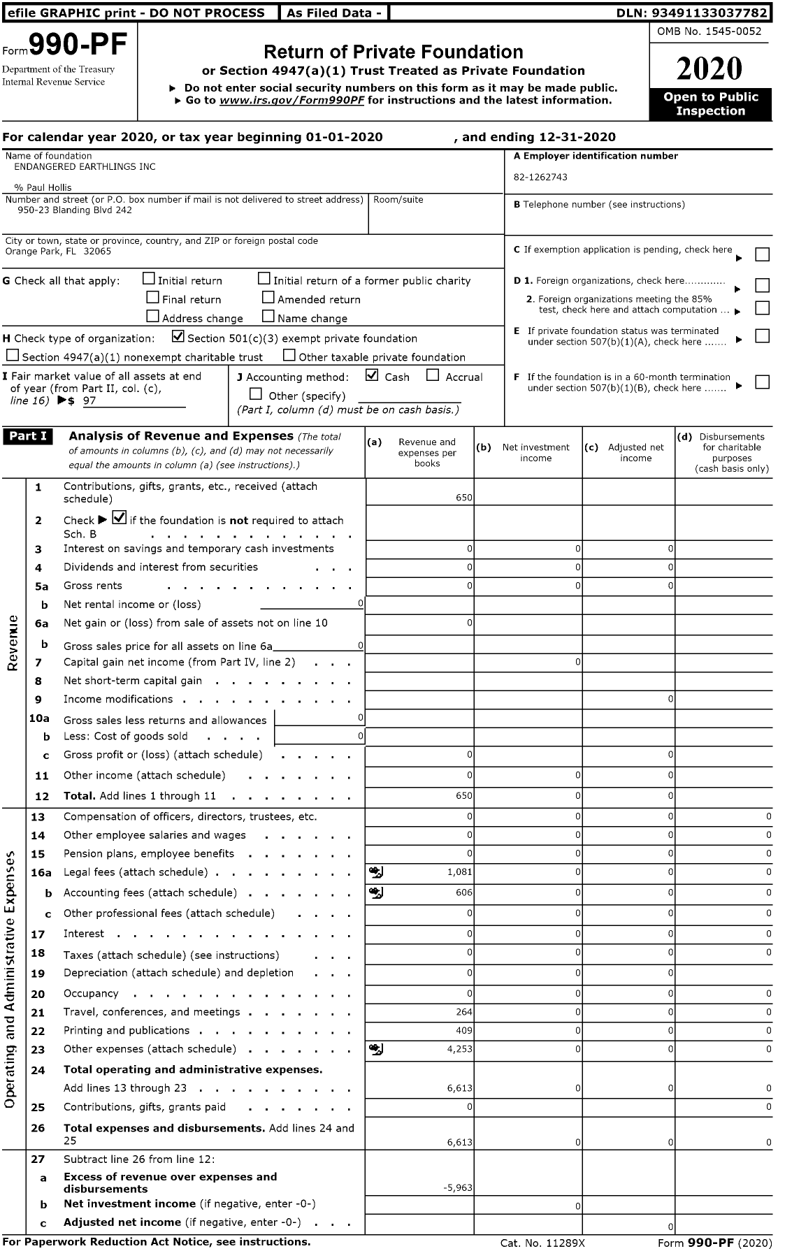 Image of first page of 2020 Form 990PF for Endangered Earthlings