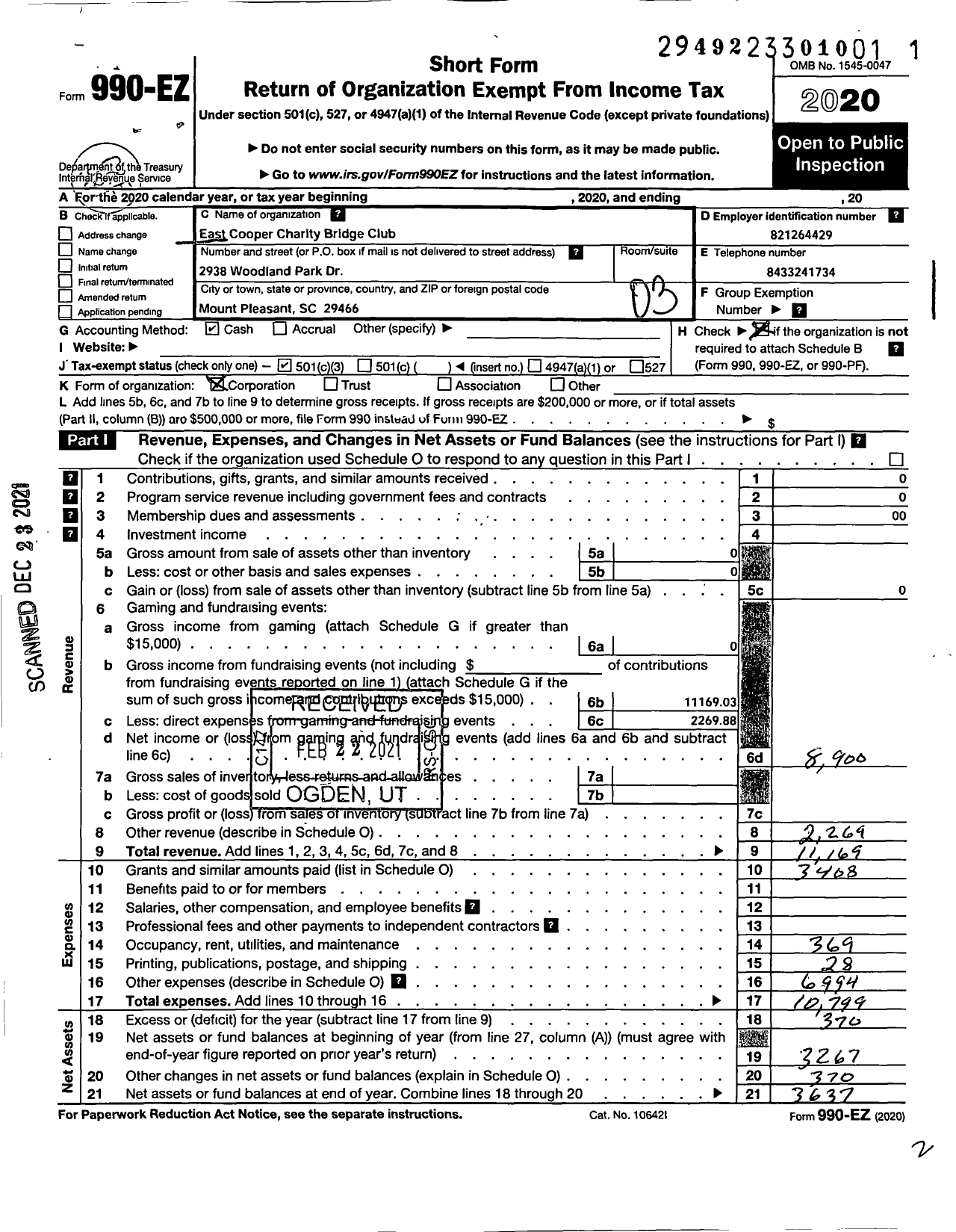 Image of first page of 2020 Form 990EZ for East Cooper Charity Bridge Club