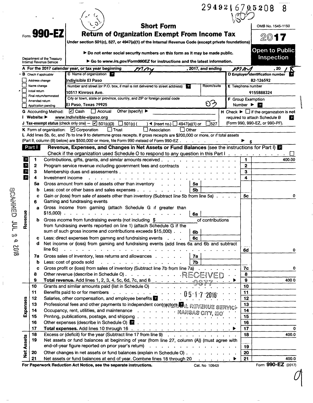 Image of first page of 2017 Form 990EZ for Indivisible El Paso