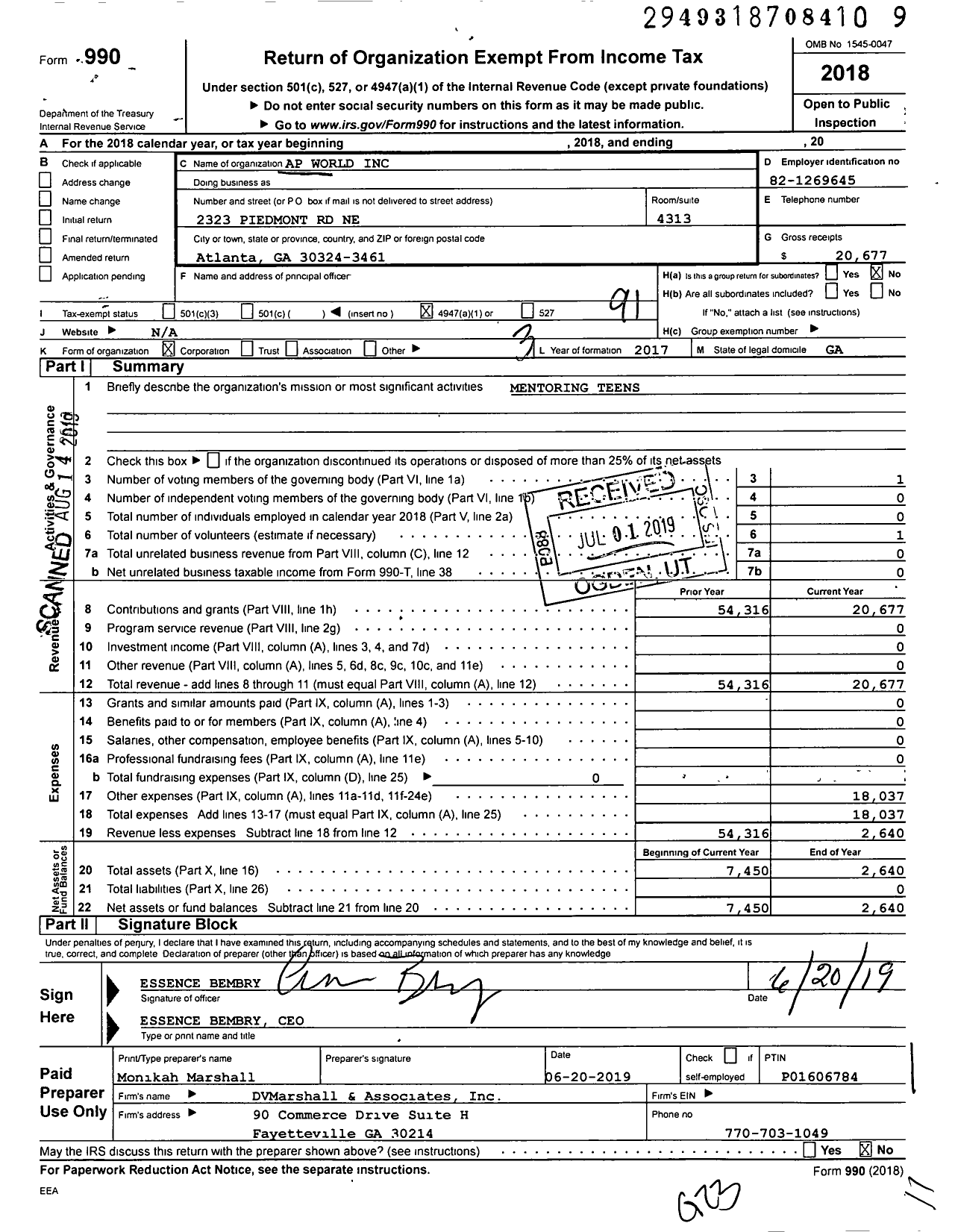 Image of first page of 2018 Form 990O for Ap World