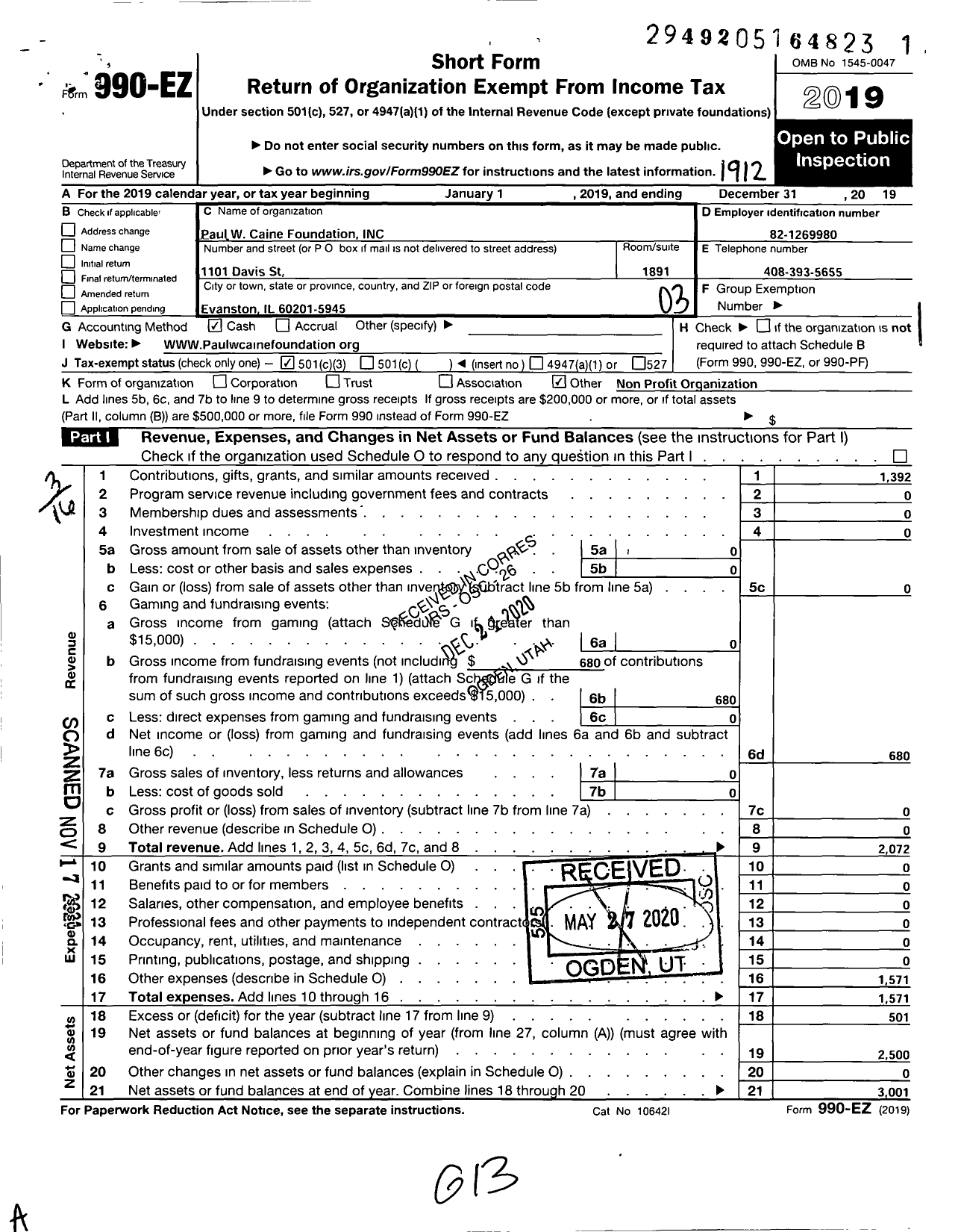 Image of first page of 2019 Form 990EZ for Paul W Caine Foundation