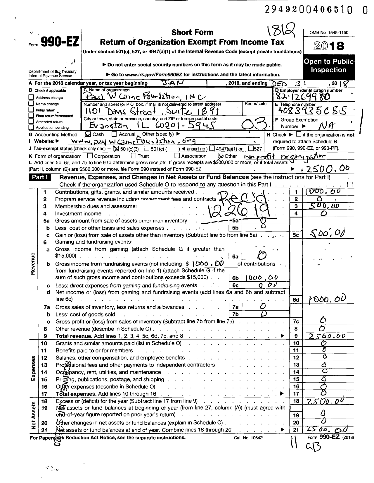 Image of first page of 2018 Form 990EZ for Paul W Caine Foundation