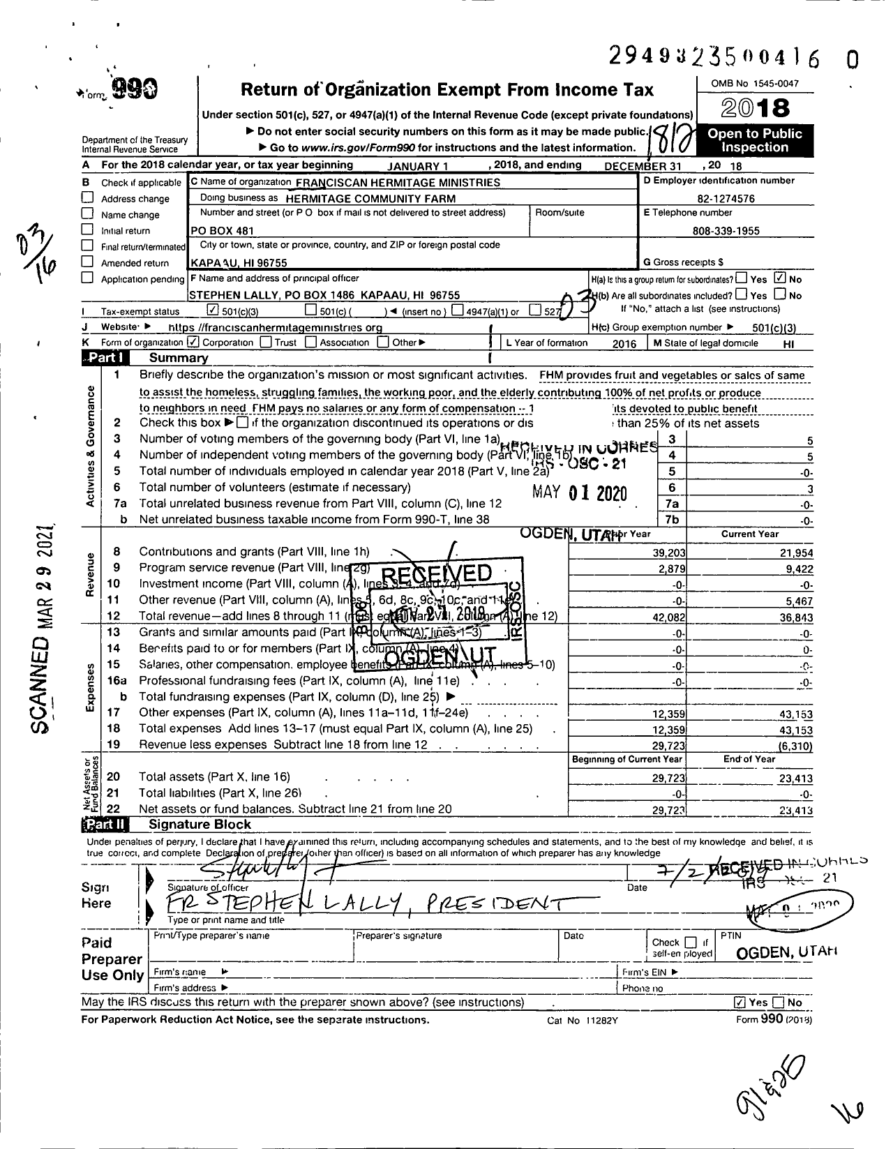 Image of first page of 2018 Form 990 for Franciscan Hermitage Ministries