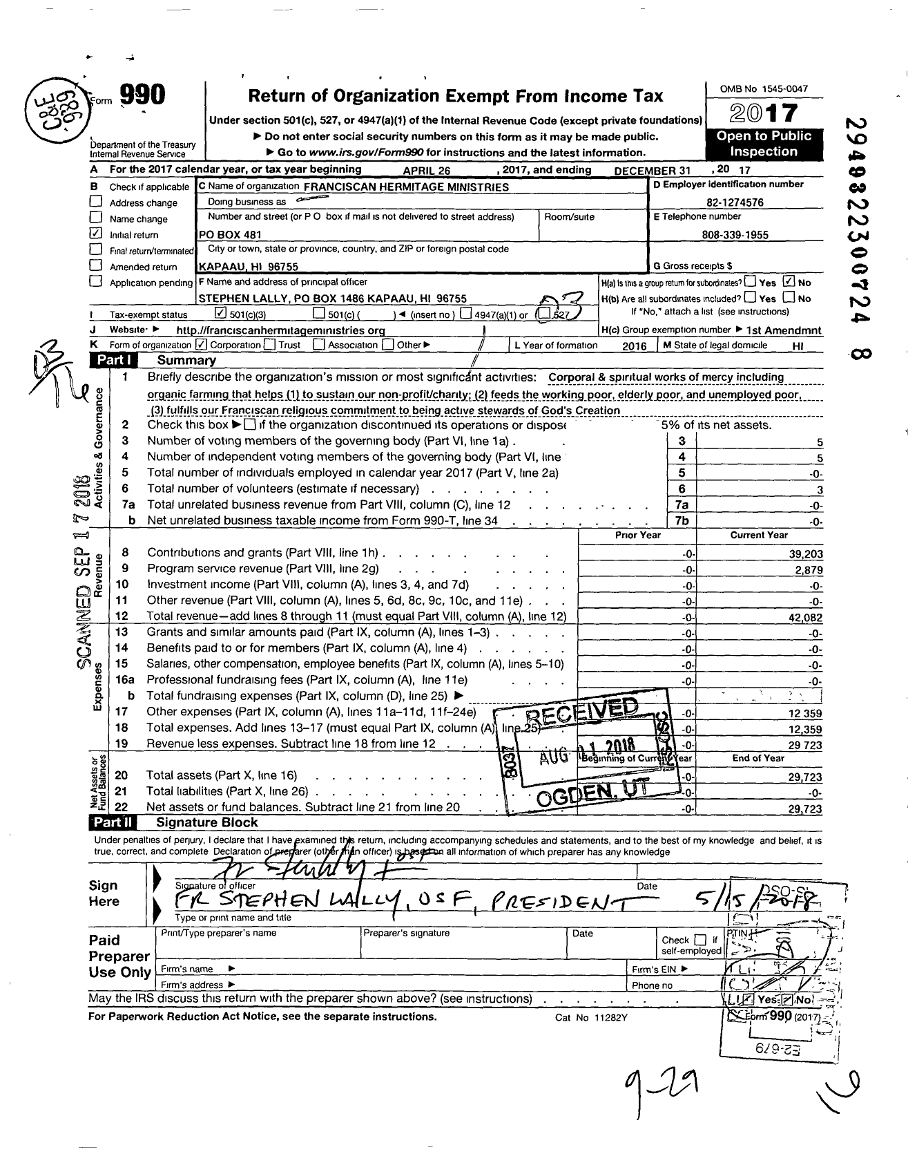 Image of first page of 2017 Form 990 for Franciscan Hermitage Ministries