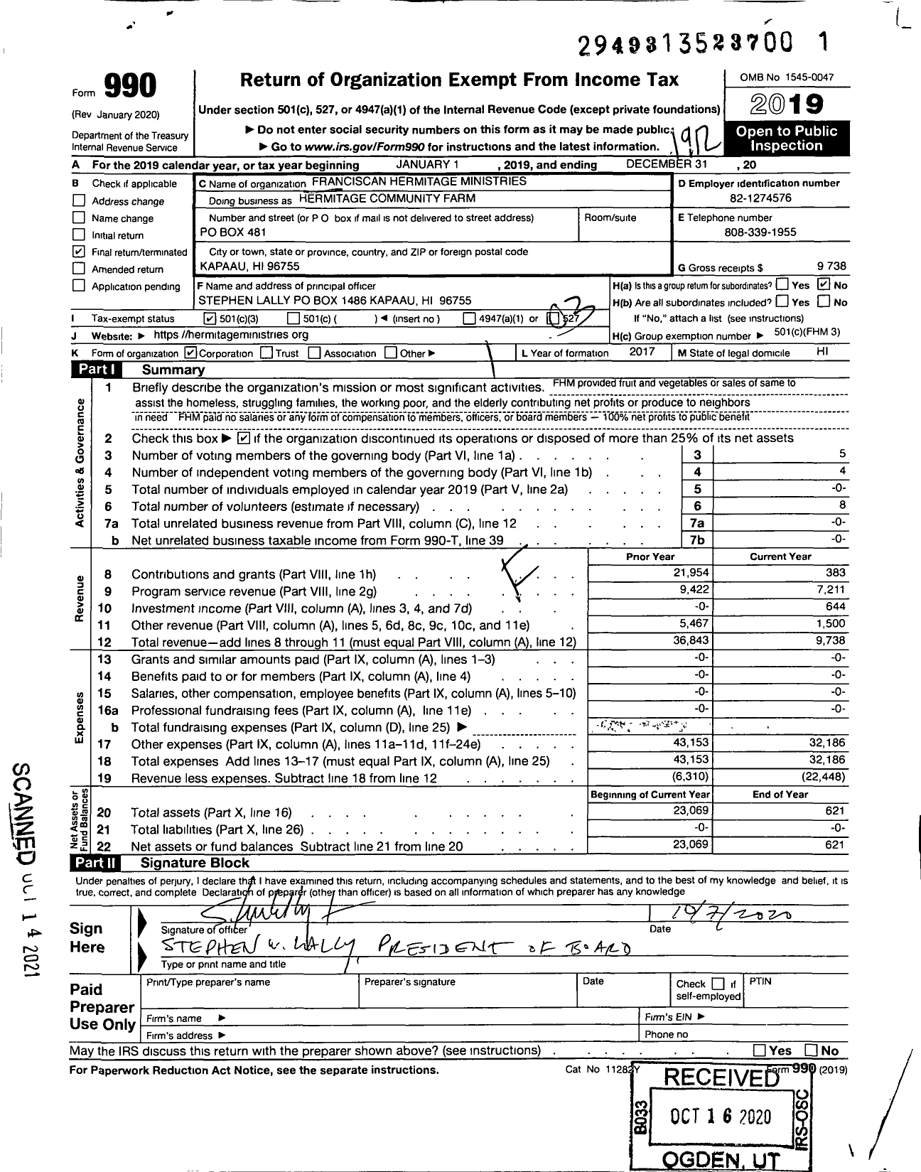 Image of first page of 2019 Form 990 for Franciscan Hermitage Ministries