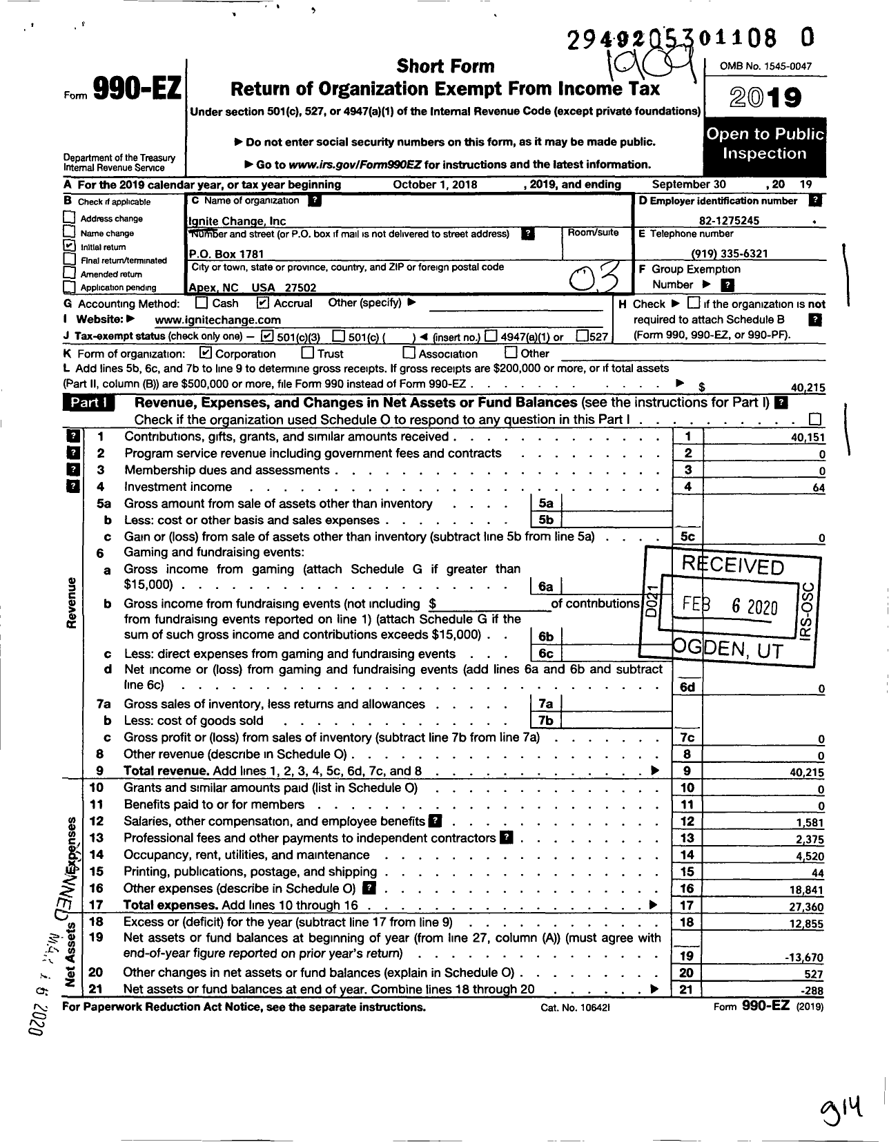 Image of first page of 2018 Form 990EZ for Ignite Change