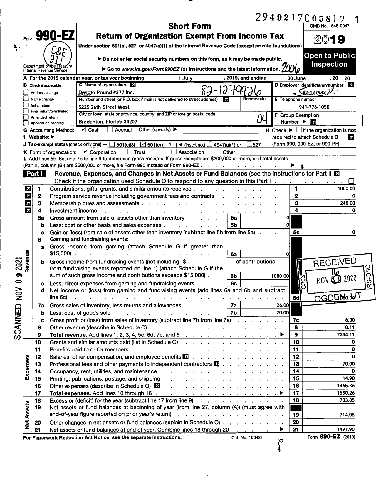 Image of first page of 2019 Form 990EO for Marine Corps League - 377 FL Pack Pound