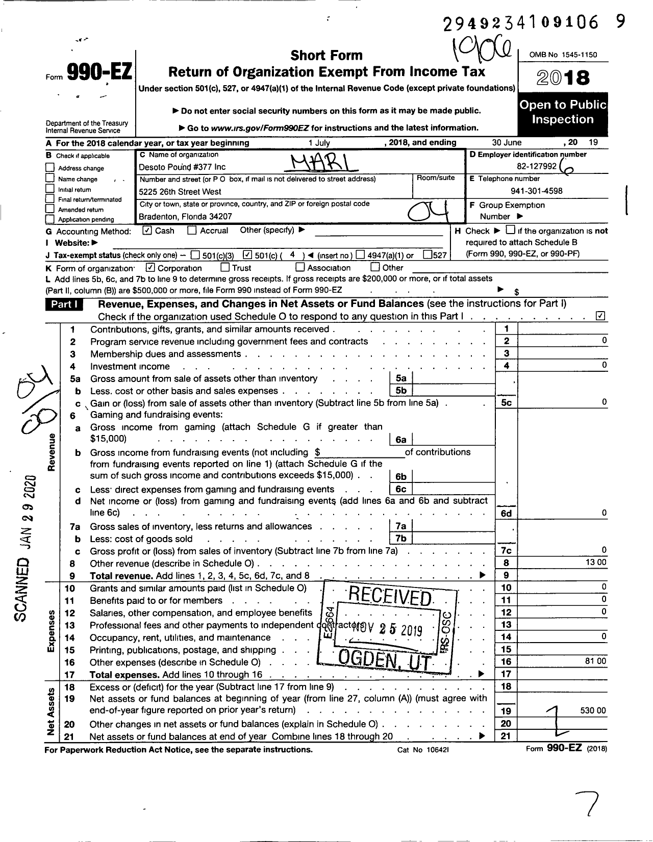 Image of first page of 2018 Form 990EO for Marine Corps League - 377 FL Pack Pound