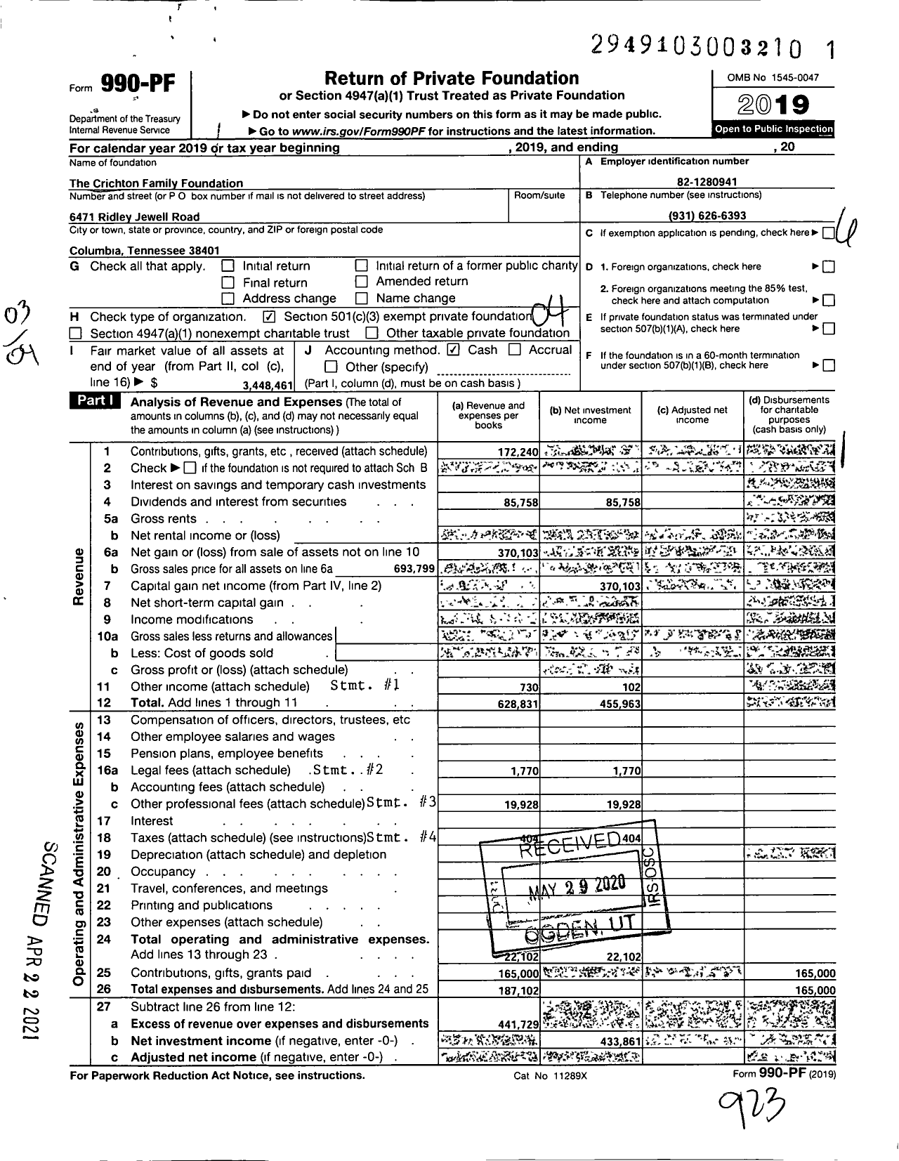 Image of first page of 2019 Form 990PF for Crichton Family Foundation