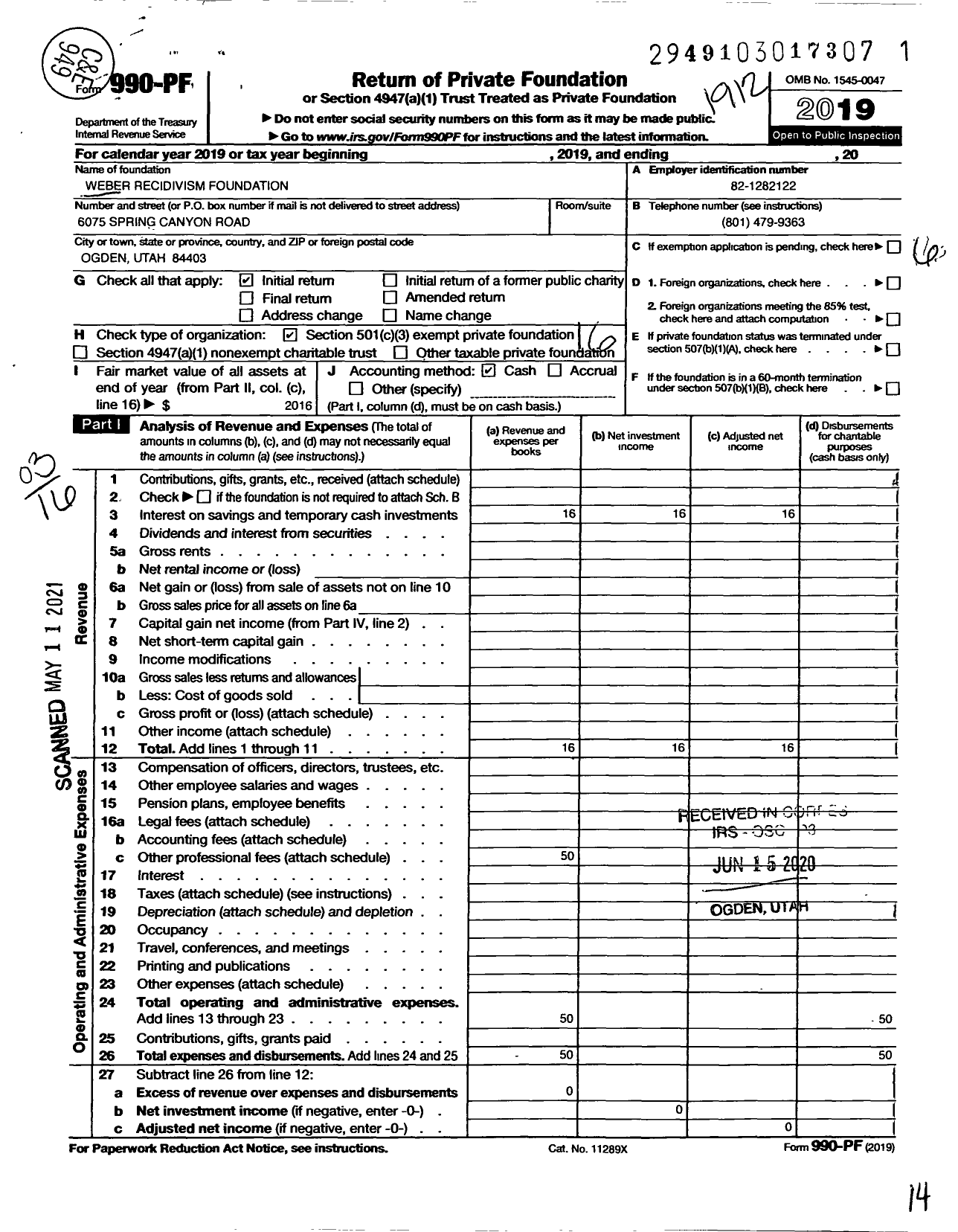 Image of first page of 2019 Form 990PF for Weber Recidivism Foundation