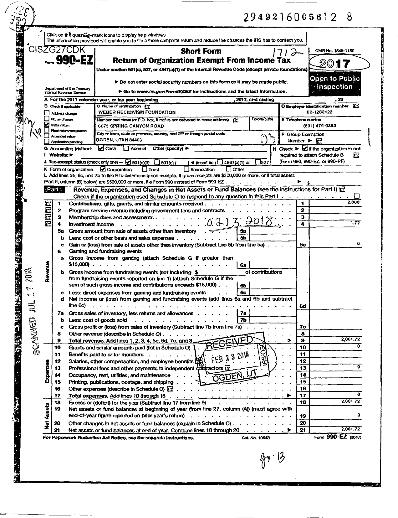 Image of first page of 2017 Form 990EZ for Weber Recidivism Foundation