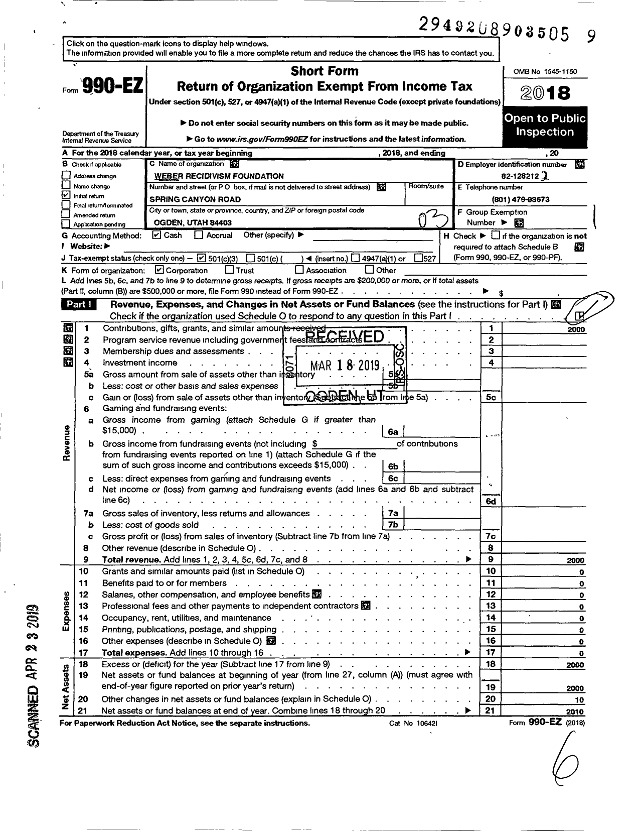 Image of first page of 2018 Form 990EZ for Weber Recidivism Foundation