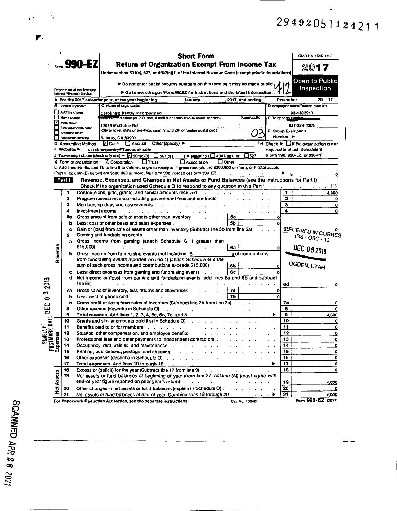 Image of first page of 2017 Form 990EZ for Carolines Pantry Incorporated