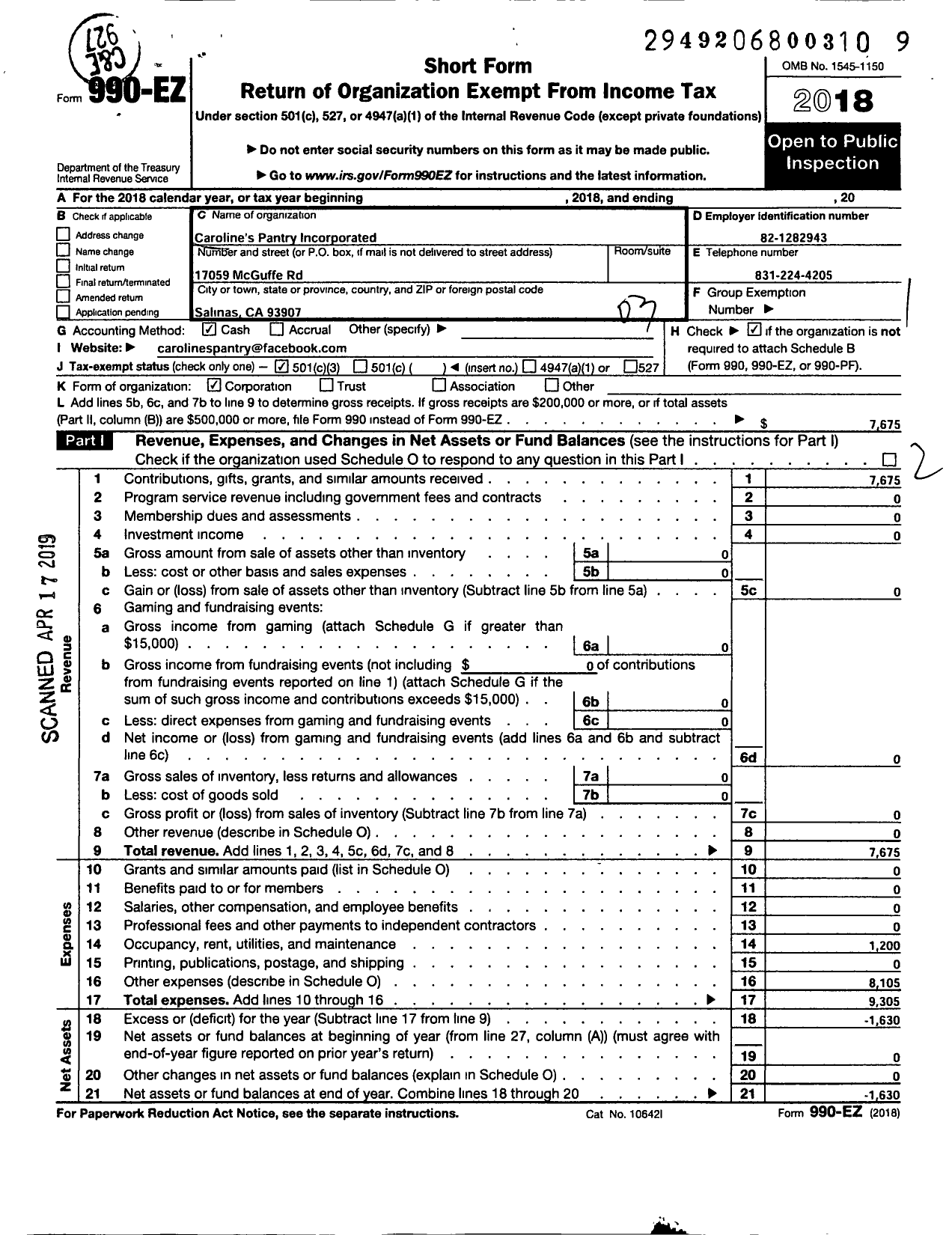 Image of first page of 2018 Form 990EZ for Carolines Pantry Incorporated