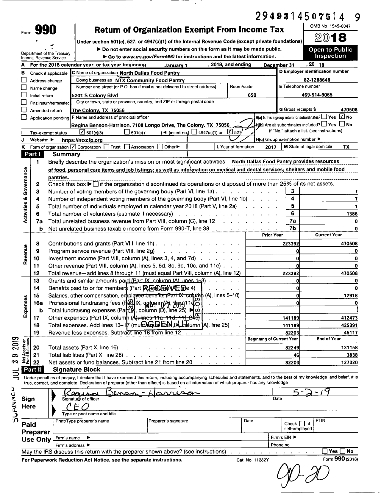 Image of first page of 2018 Form 990 for NTX Community Food Pantry