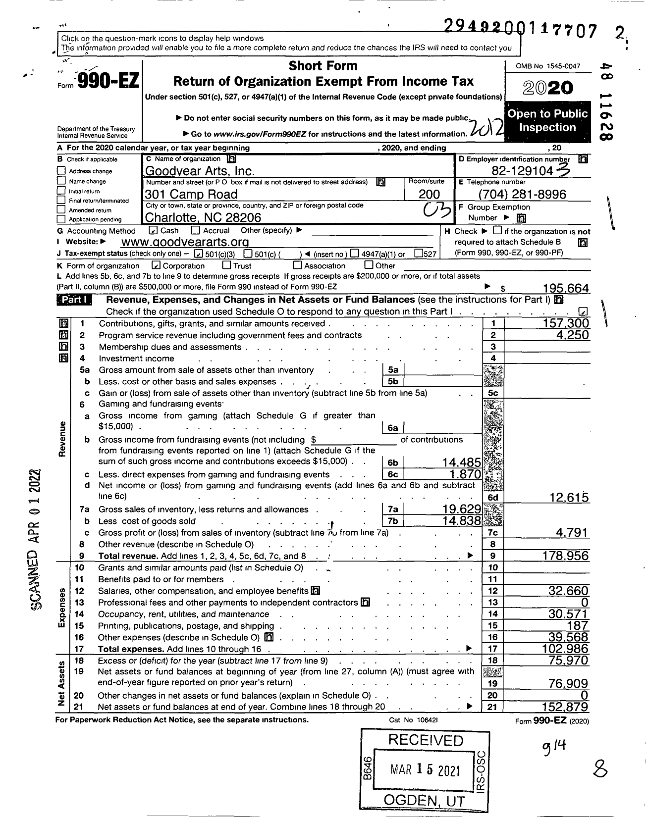 Image of first page of 2020 Form 990EZ for Goodyear Arts