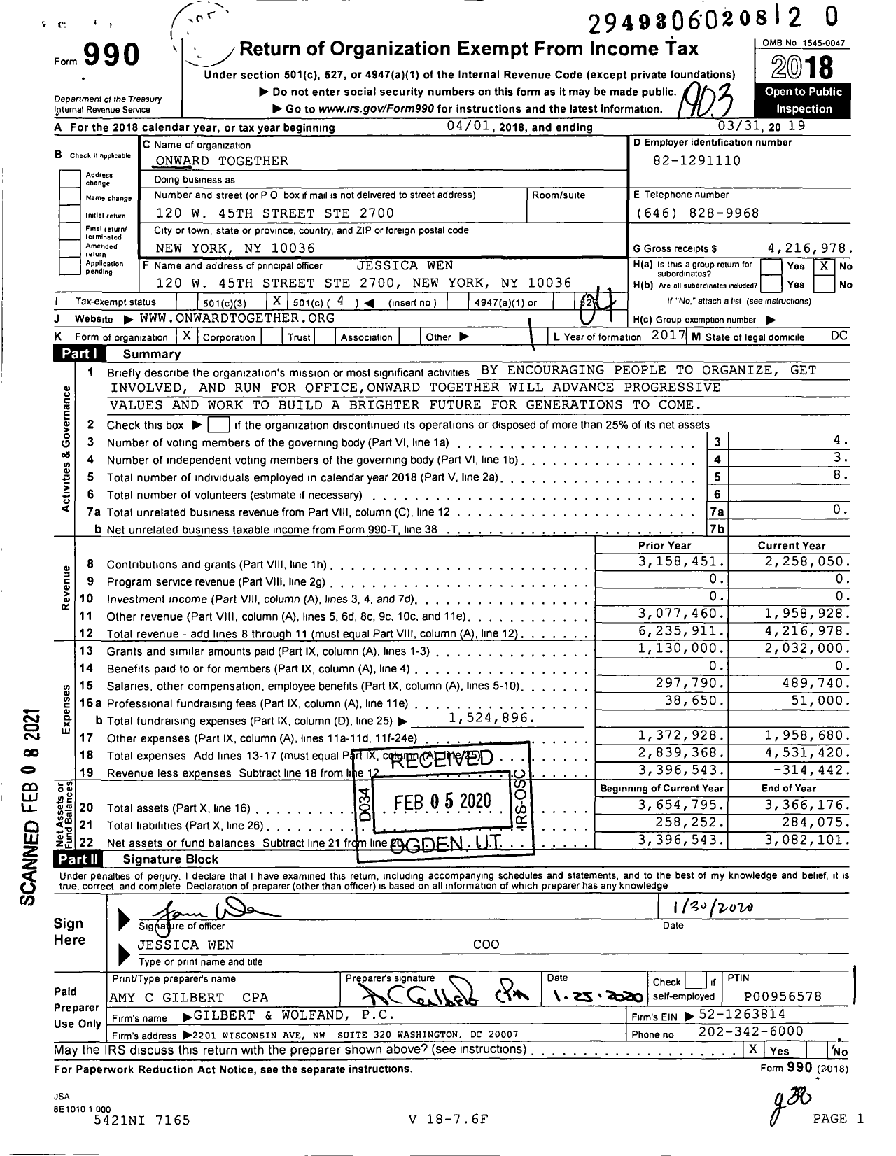 Image of first page of 2018 Form 990O for Onward Together