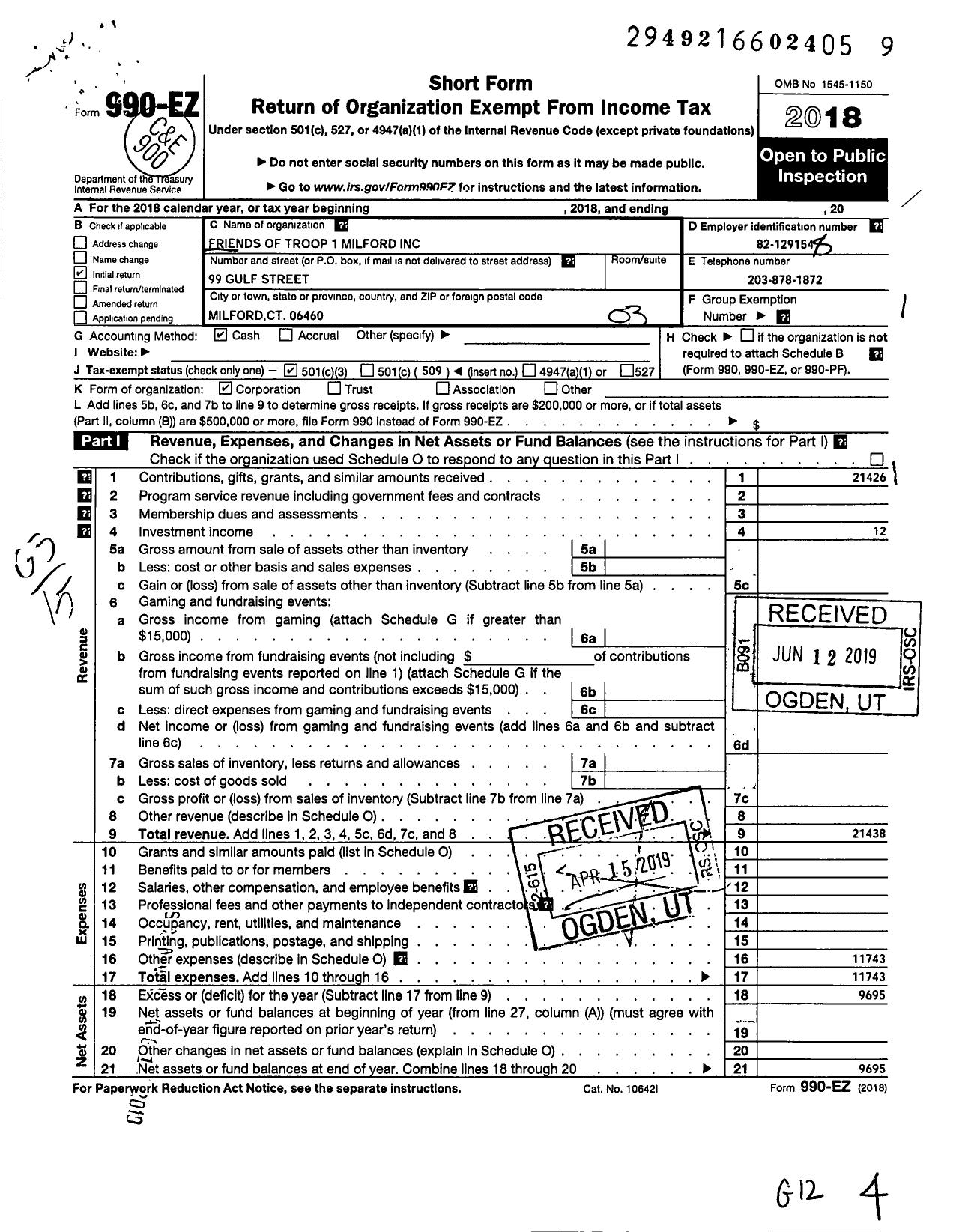 Image of first page of 2018 Form 990EZ for Friends of Troop 1 Milford