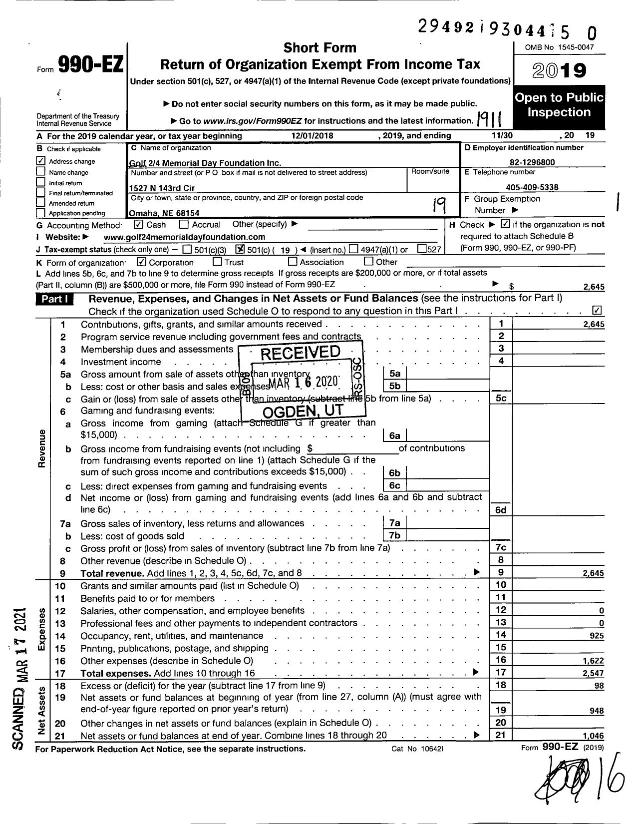 Image of first page of 2018 Form 990EO for Golf 2-4 Memorial Day Foundation