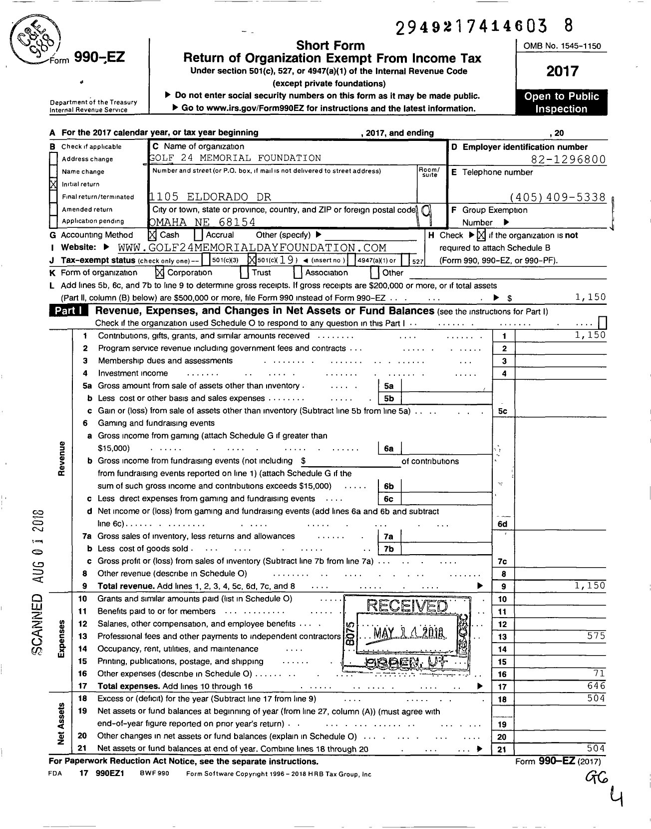 Image of first page of 2017 Form 990EO for Golf 2-4 Memorial Day Foundation