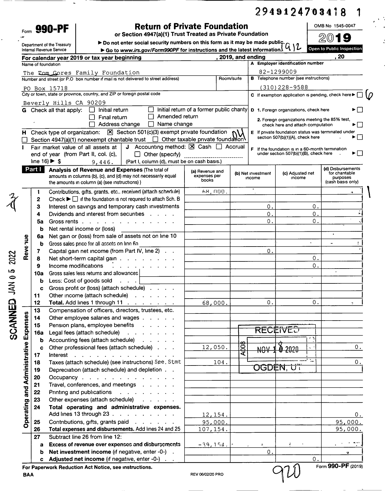 Image of first page of 2019 Form 990PF for The Tom Gores Family Foundation