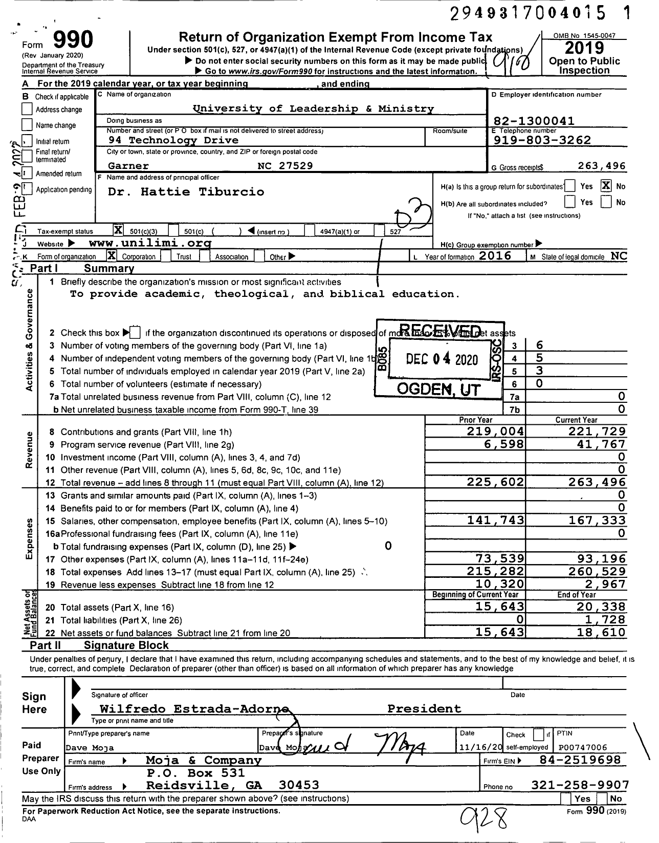 Image of first page of 2019 Form 990 for University of Leadership and Ministry