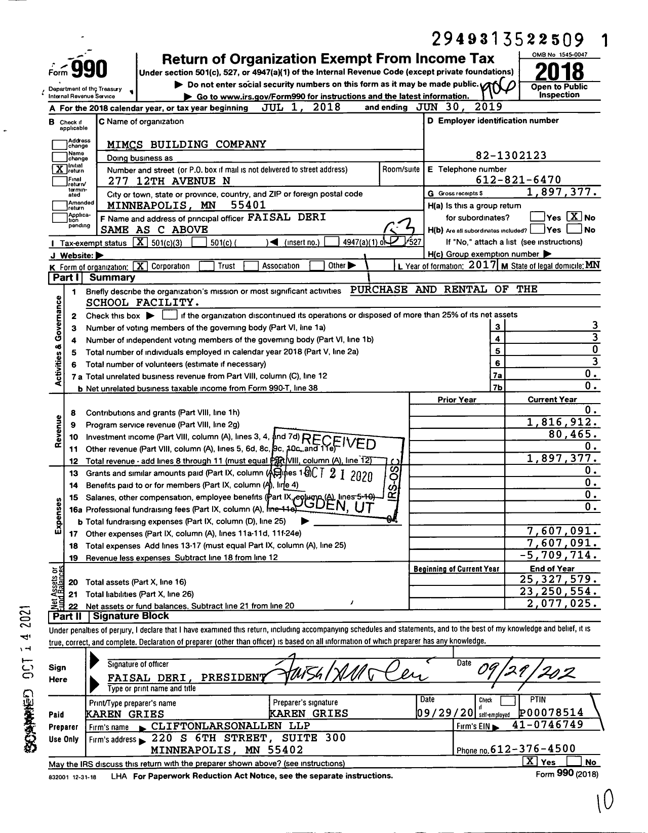 Image of first page of 2018 Form 990 for MIMCS Building Company