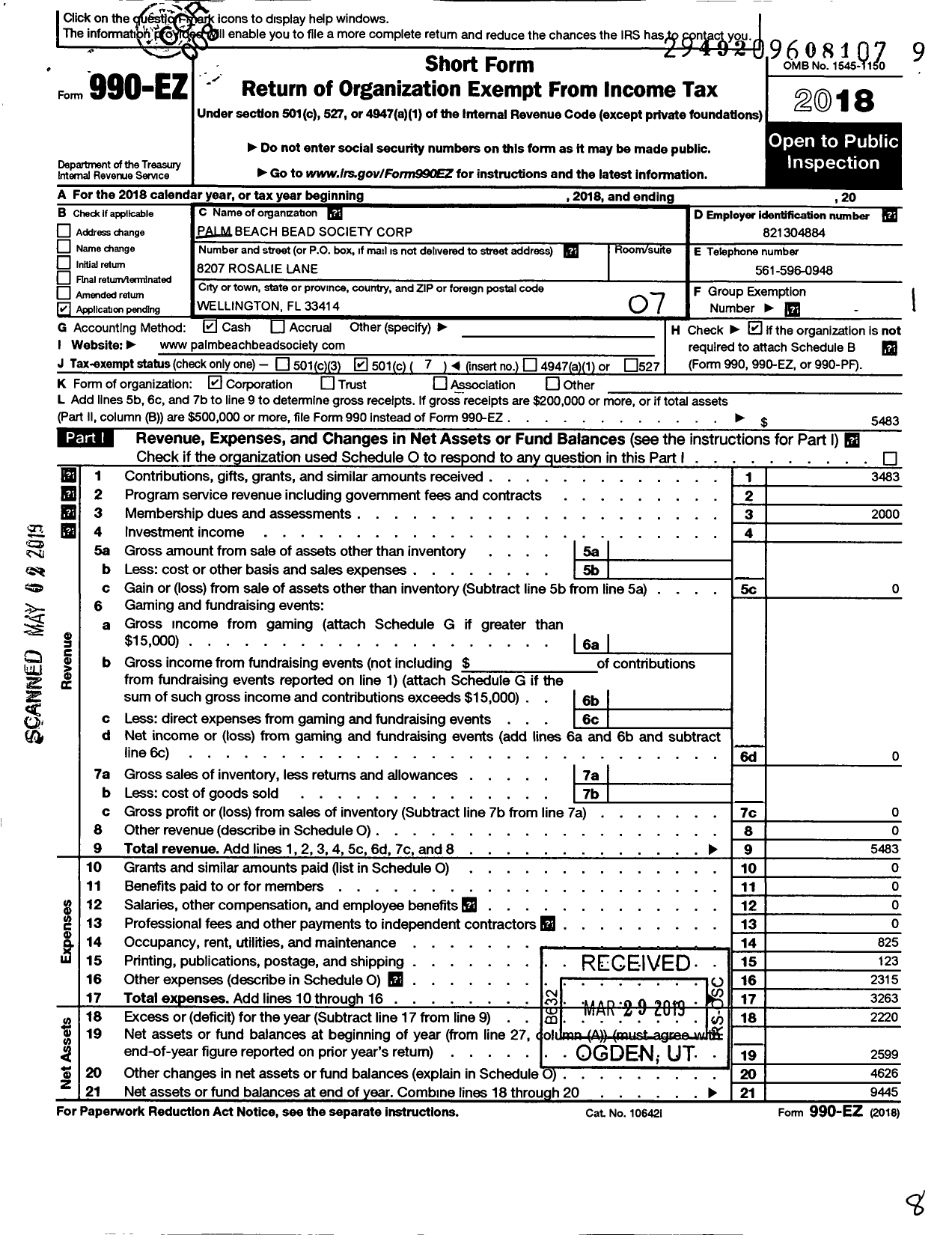 Image of first page of 2018 Form 990EO for Palm Beach Bead Society Corporation