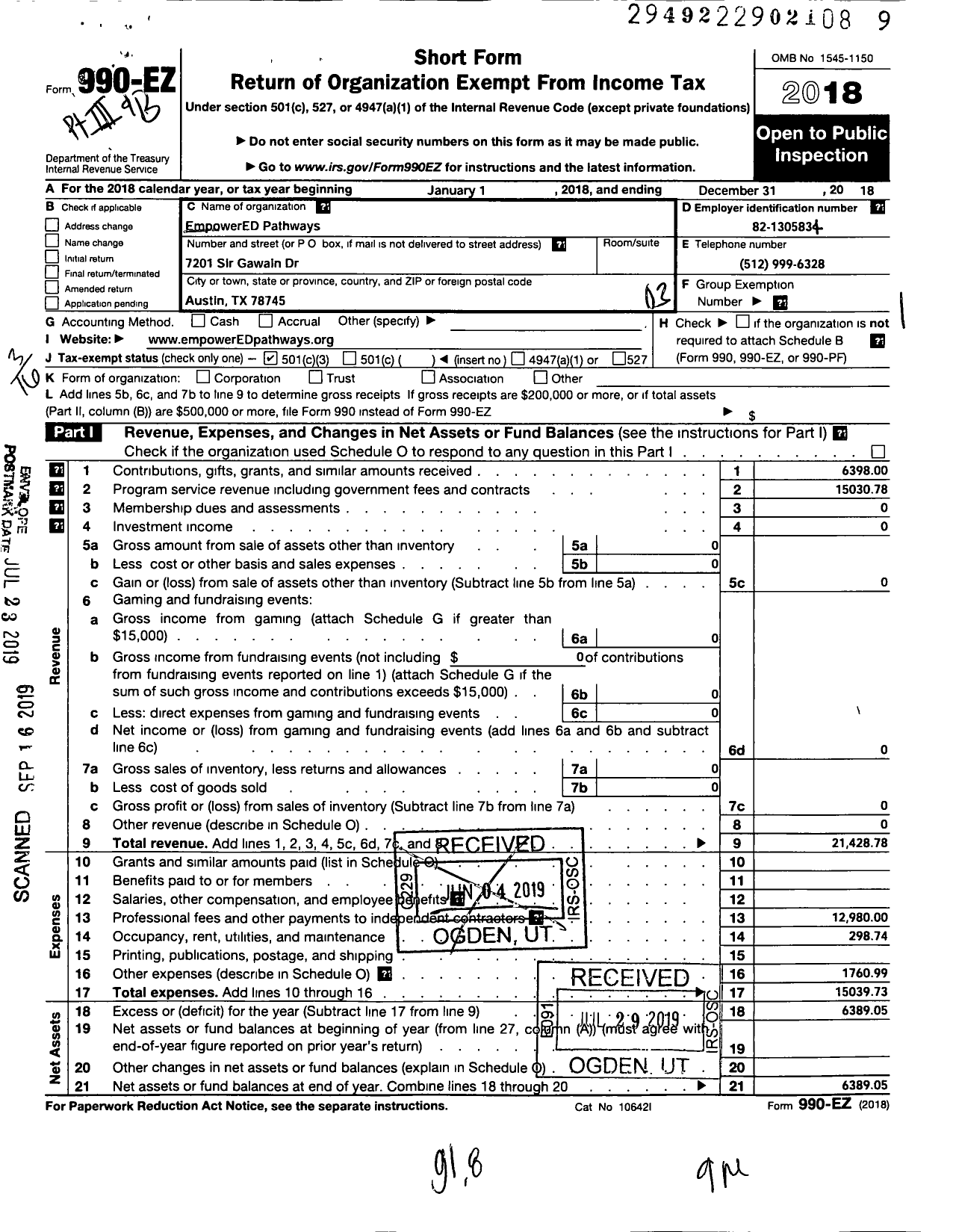 Image of first page of 2018 Form 990EZ for Empowered Pathways