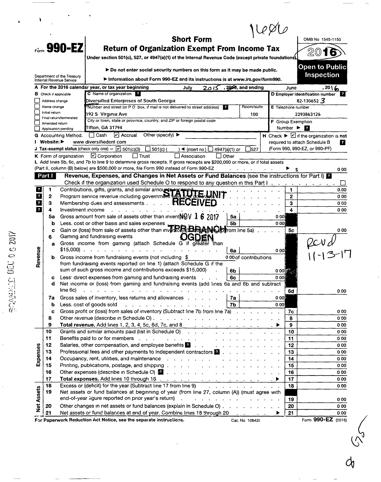 Image of first page of 2015 Form 990EZ for Diversified Enterprises of South Georgia