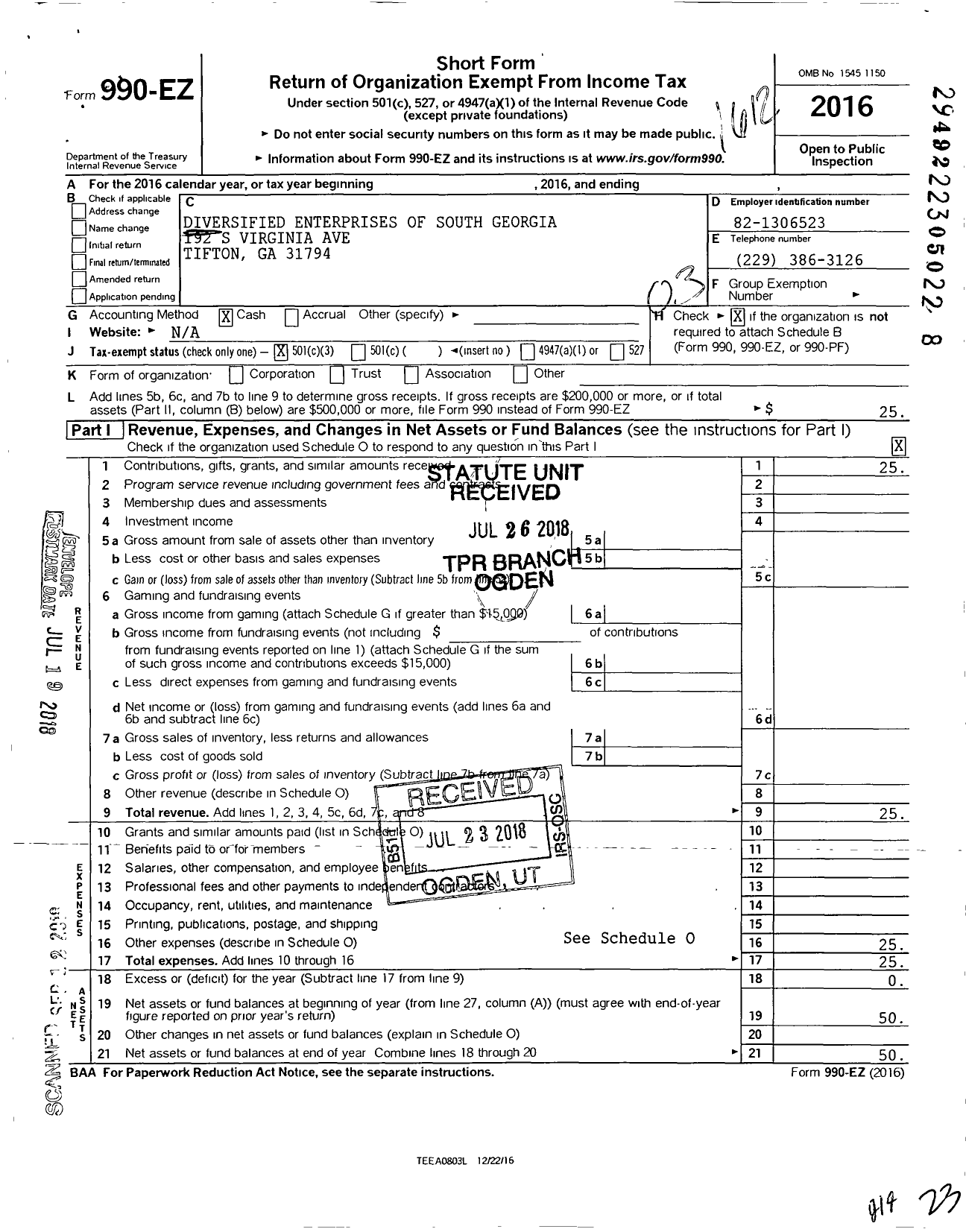 Image of first page of 2016 Form 990EZ for Diversified Enterprises of South Georgia