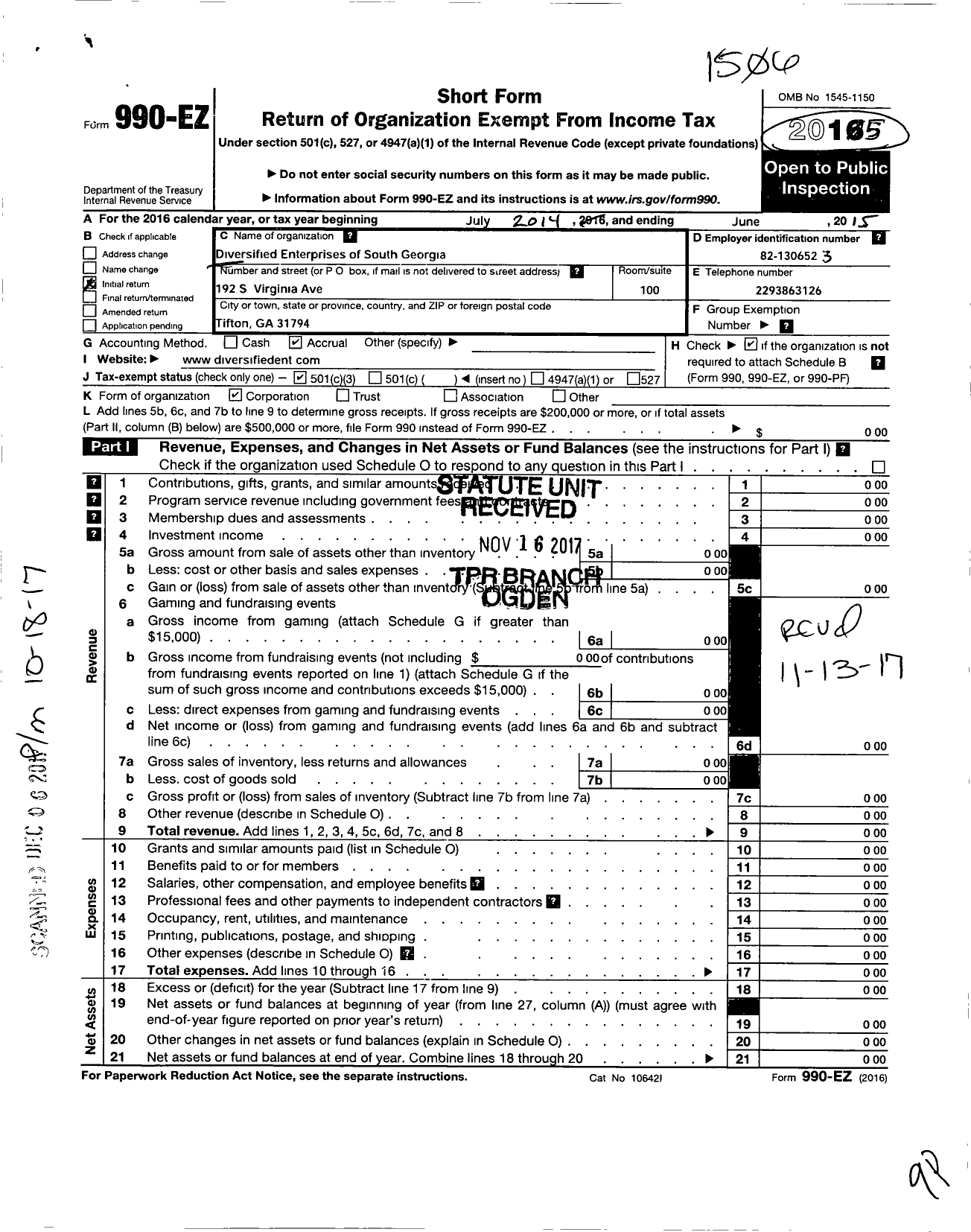 Image of first page of 2014 Form 990EZ for Diversified Enterprises of South Georgia