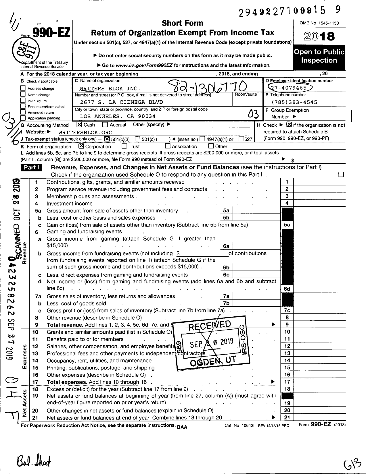 Image of first page of 2018 Form 990EZ for Writers Blok