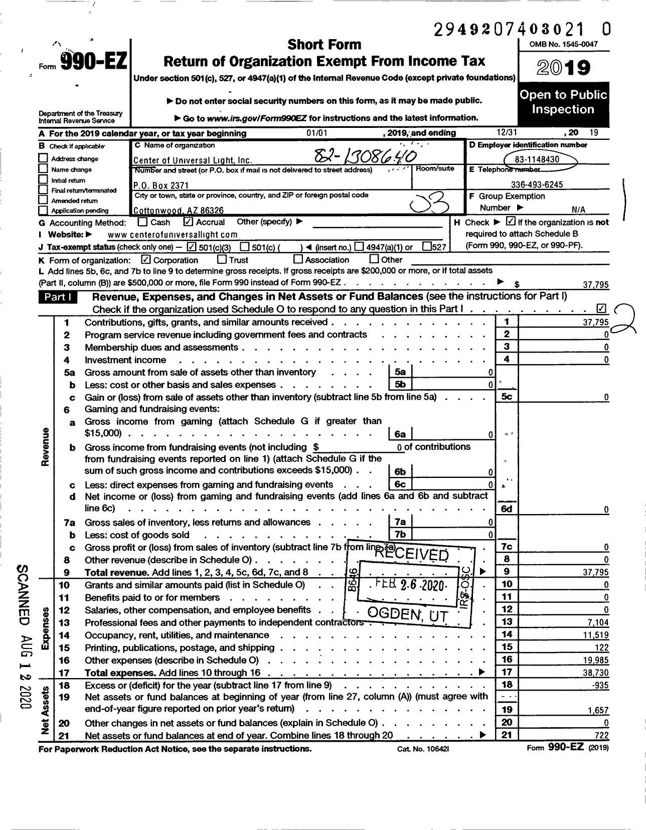 Image of first page of 2019 Form 990EZ for Center of Universal Light