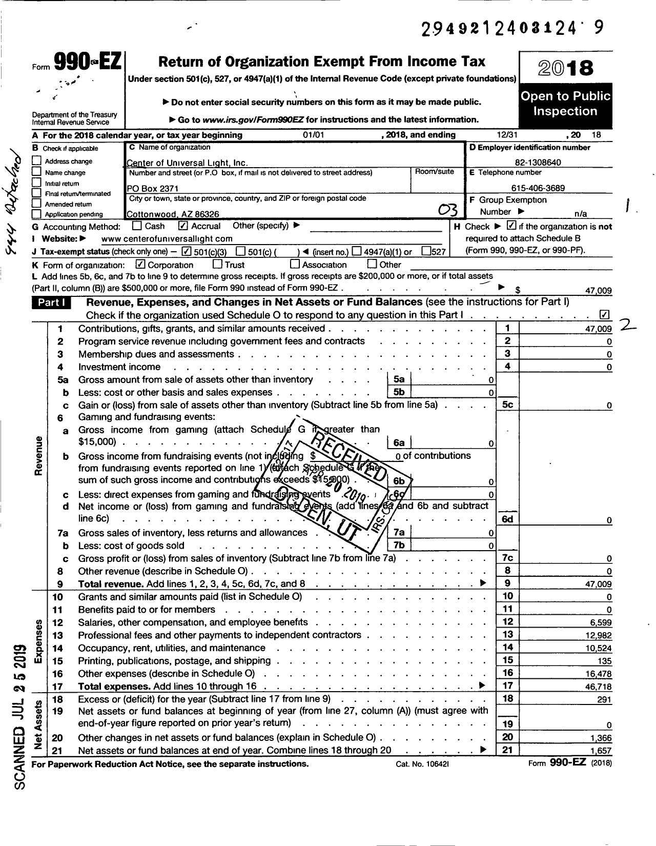 Image of first page of 2018 Form 990EZ for Center of Universal Light