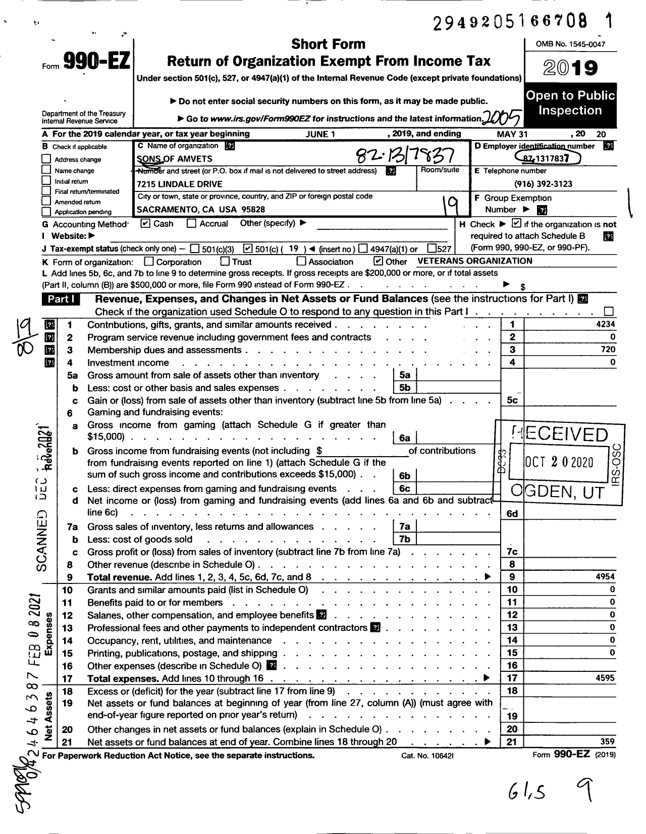 Image of first page of 2019 Form 990EO for Amvets - Ca 1