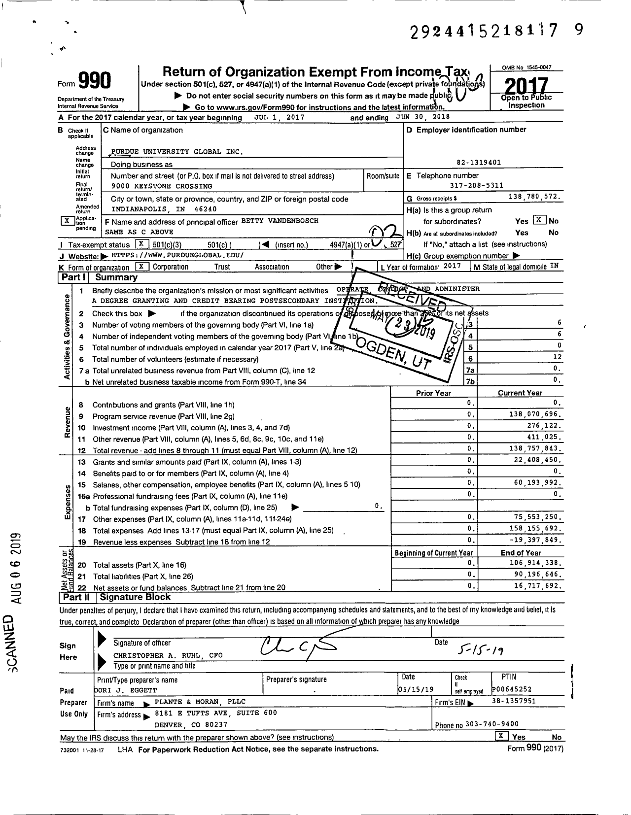 Image of first page of 2017 Form 990 for Purdue University Global