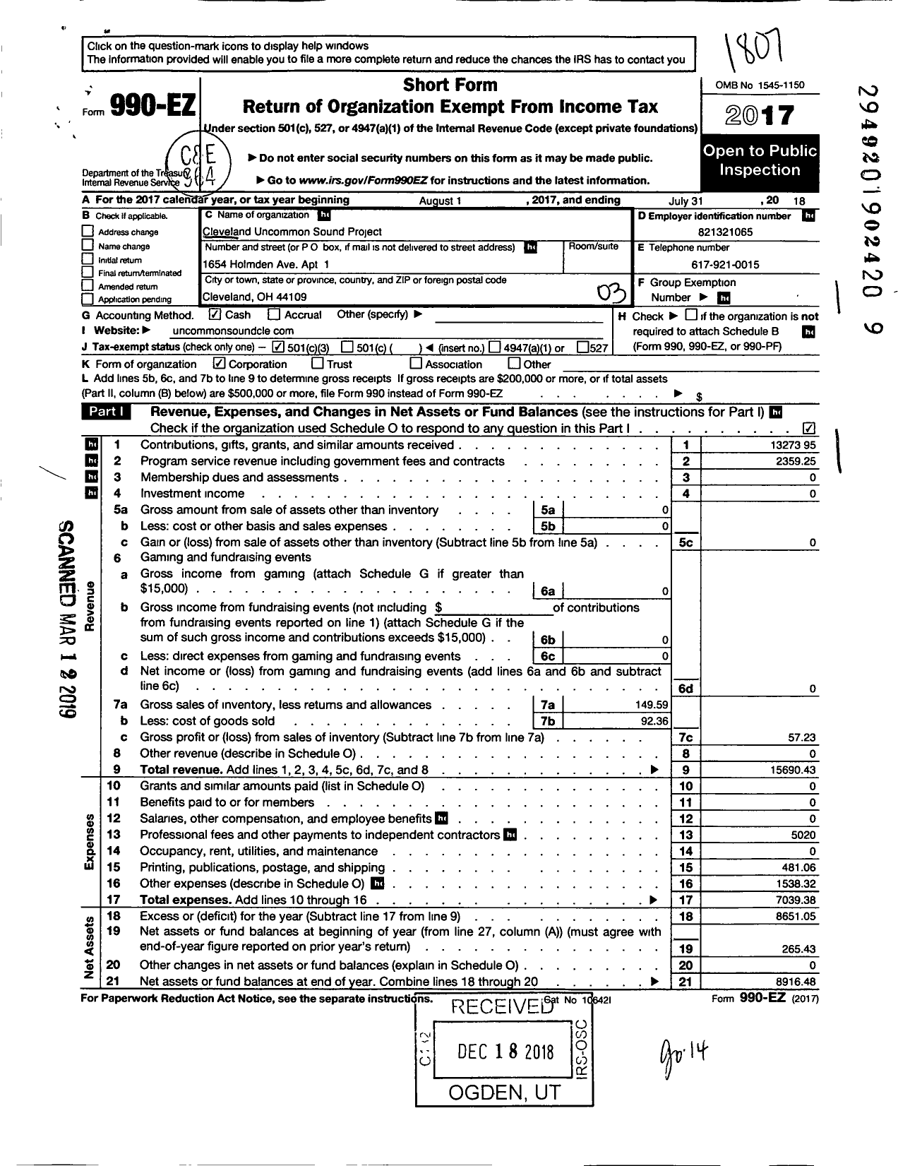 Image of first page of 2017 Form 990EZ for Cleveland Uncommon Sound Project